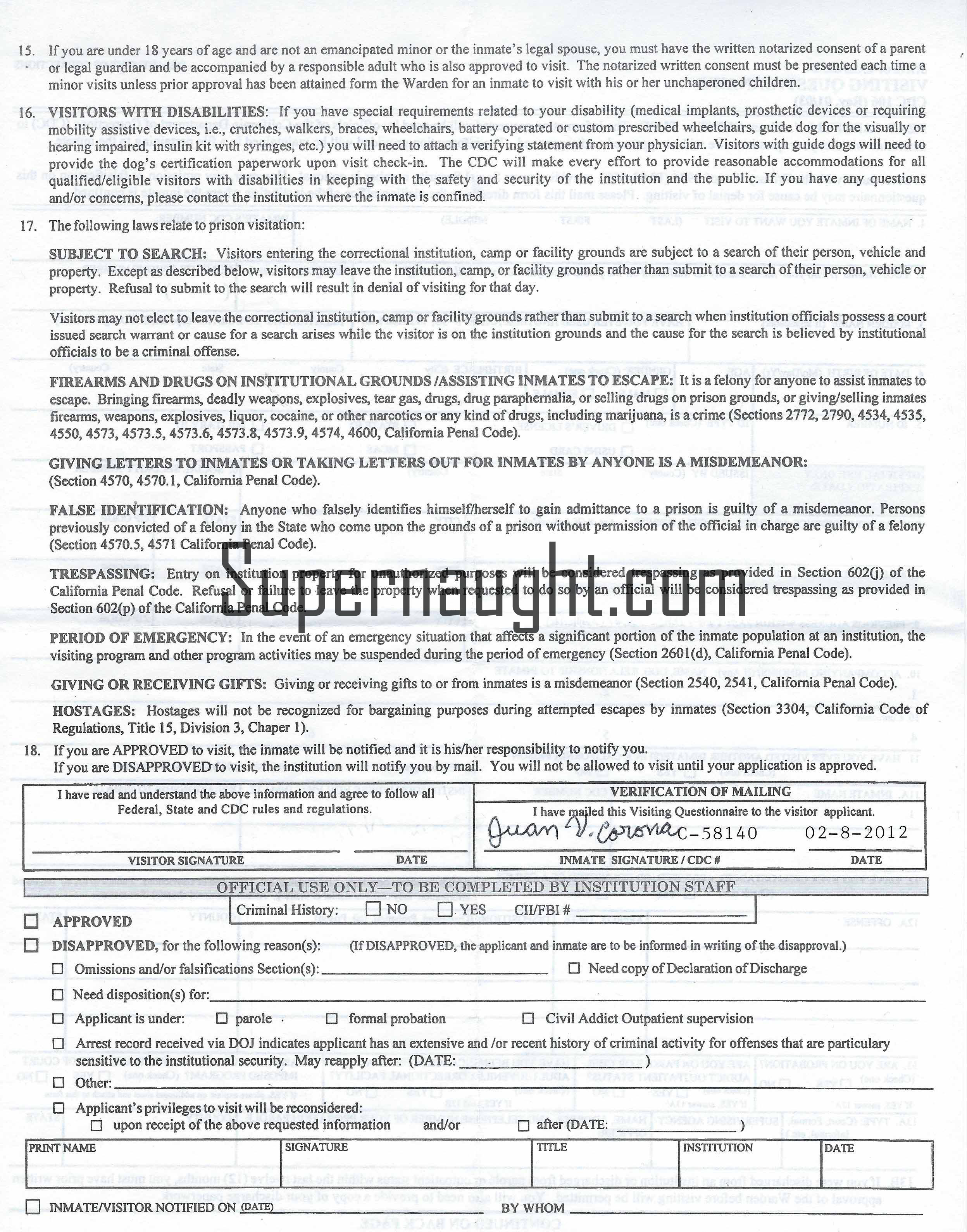Juan Corona Signed Visitation Form