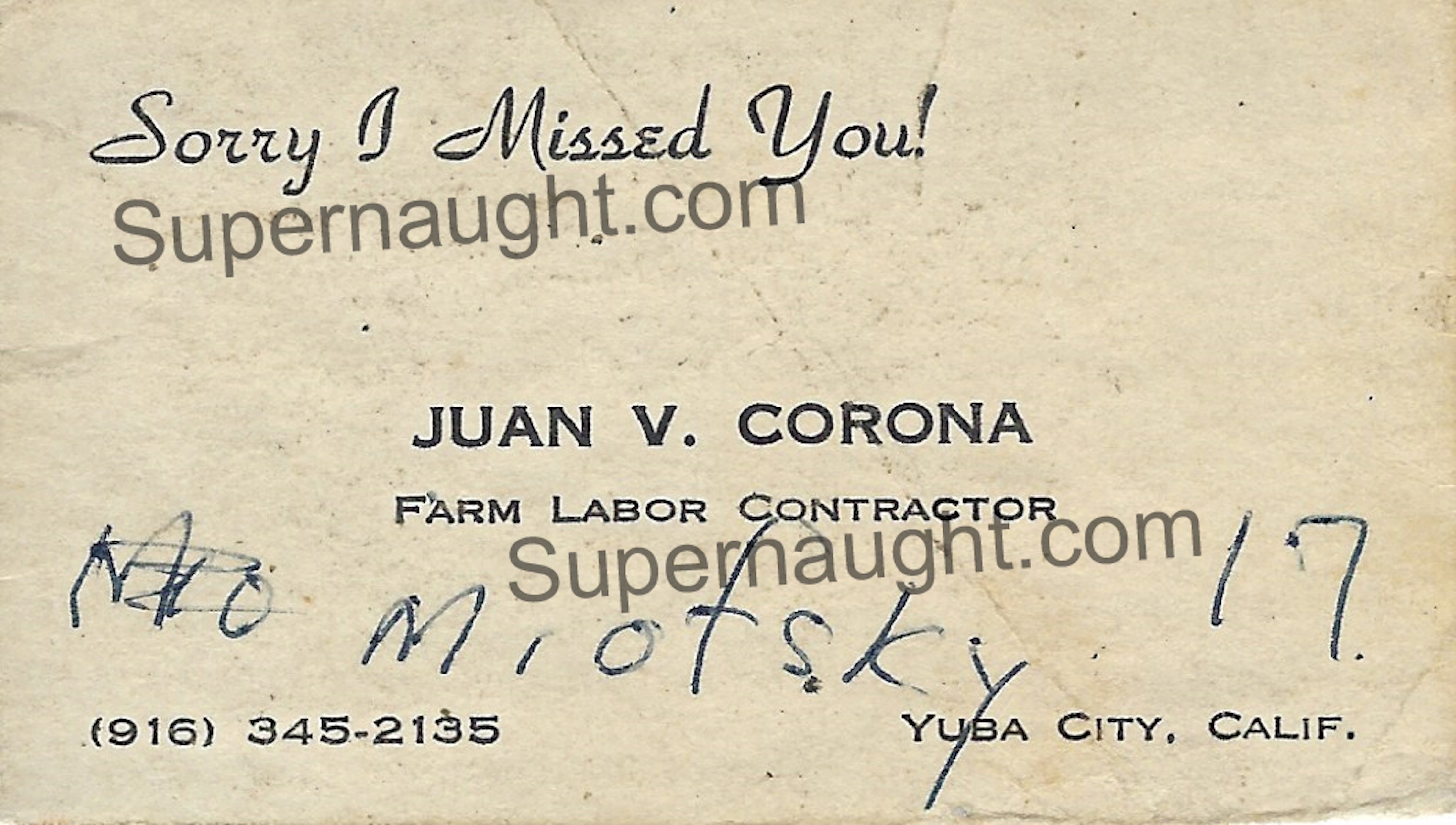 Juan Corona Vintage Business Card with His Handwriting