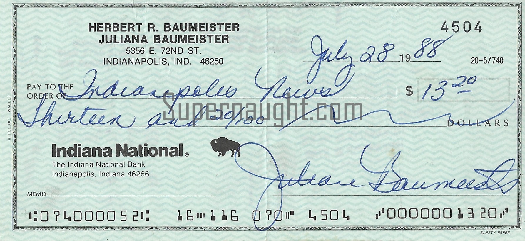 Juliana Baumeister Signed 1988 Check