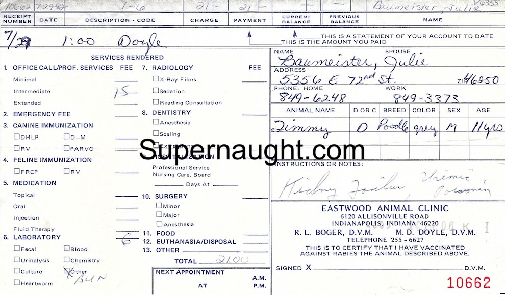 Julie Baumeister Animal Clinic Receipt