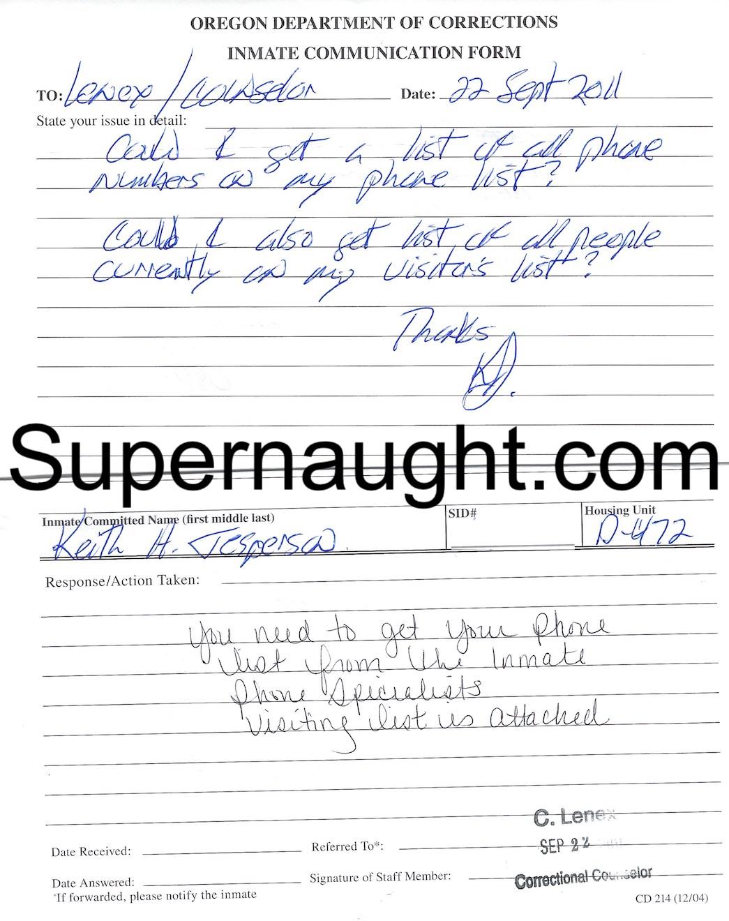 Keith Jesperson Inquiry Visiting List And Envelope 5 Total Signatures