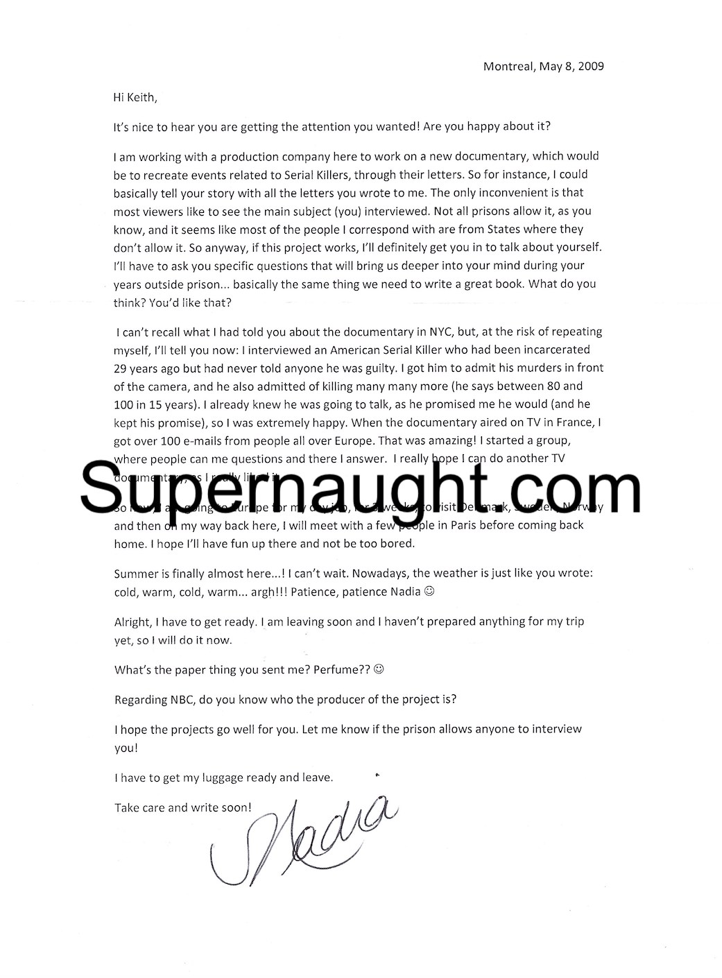 Keith Jesperson Letter From Woman Regarding Documentary