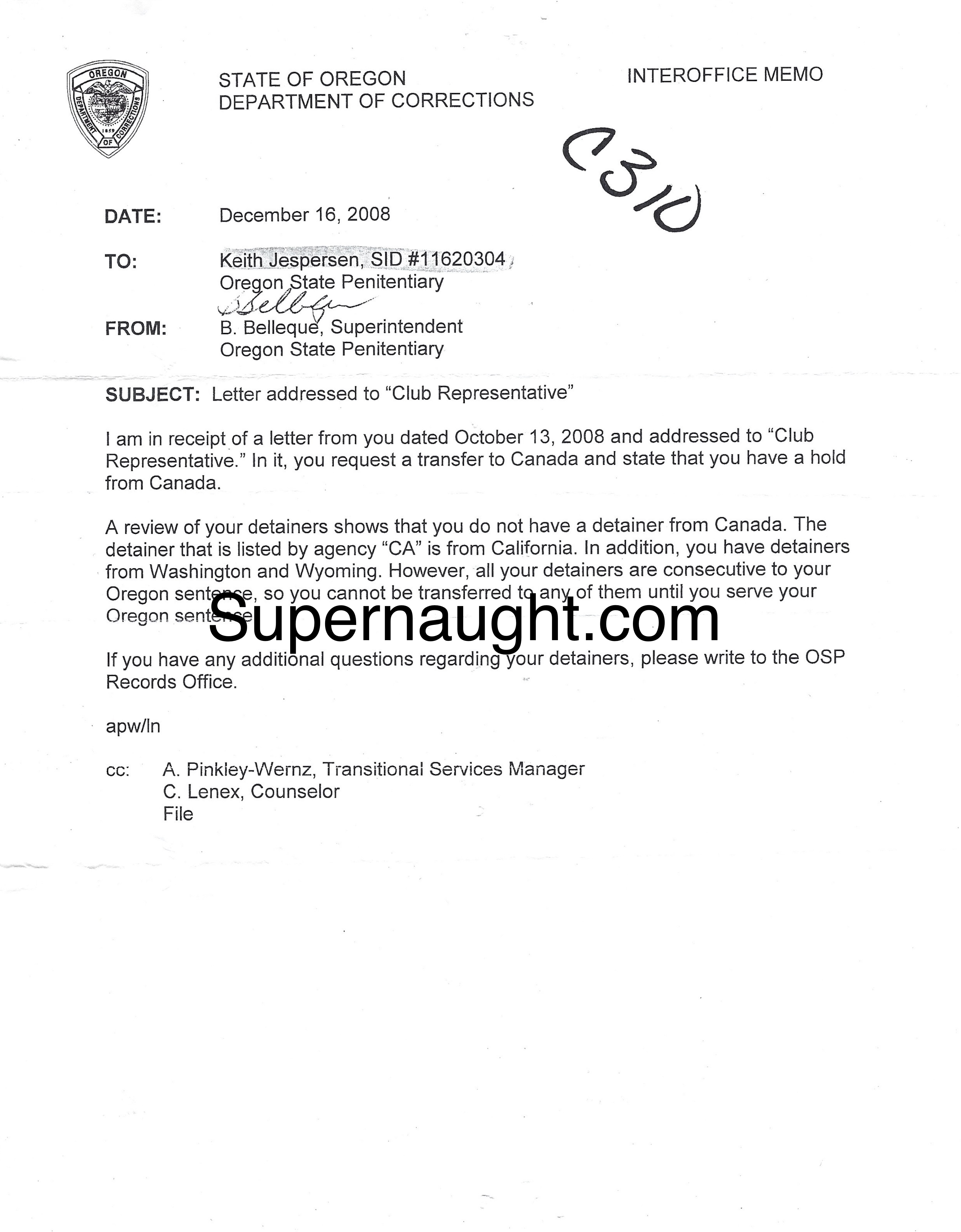 Keith Jesperson Oregon DOC Detainers Letter