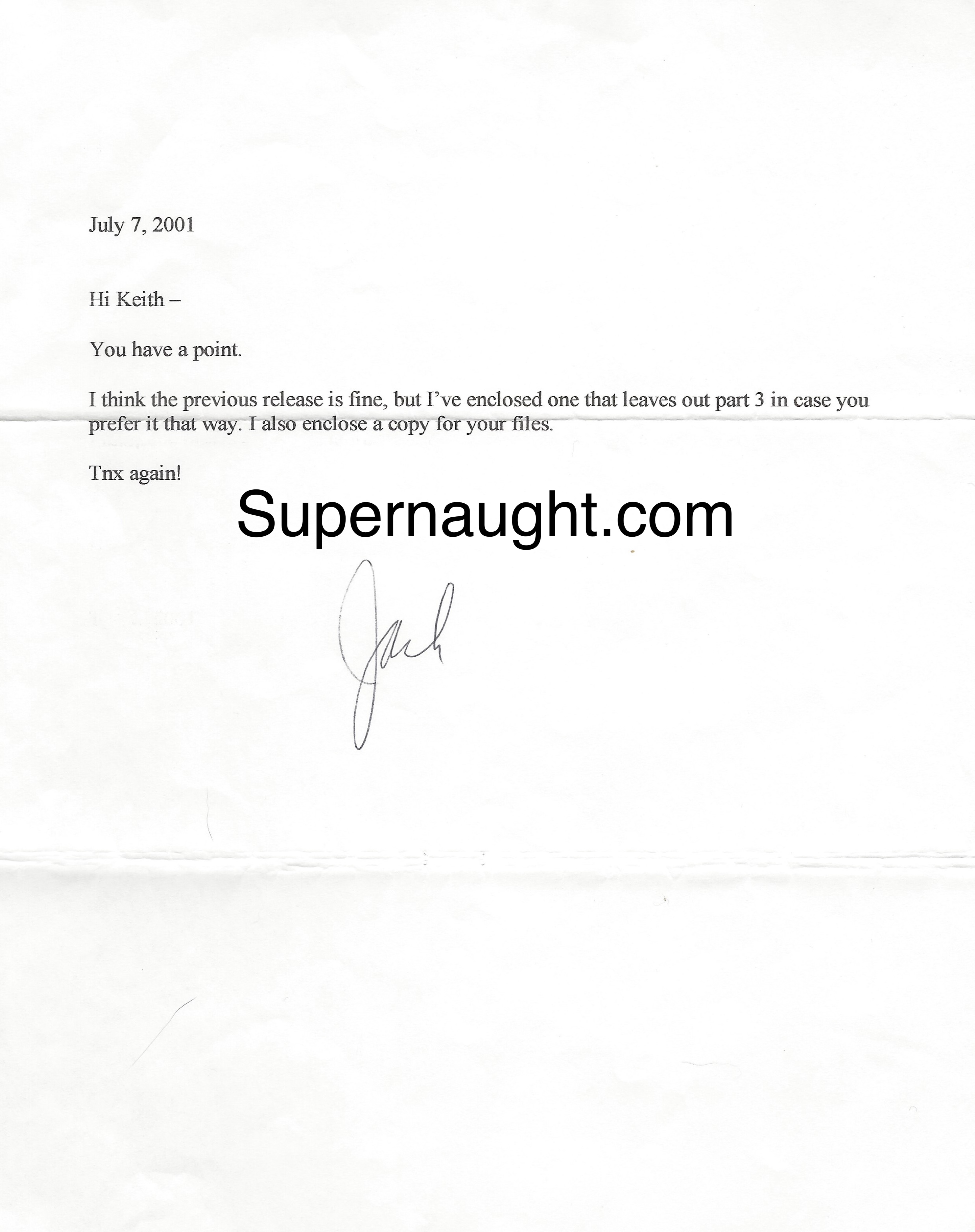 Keith Jesperson Signed Letter From Deceased Author Jack Olsen
