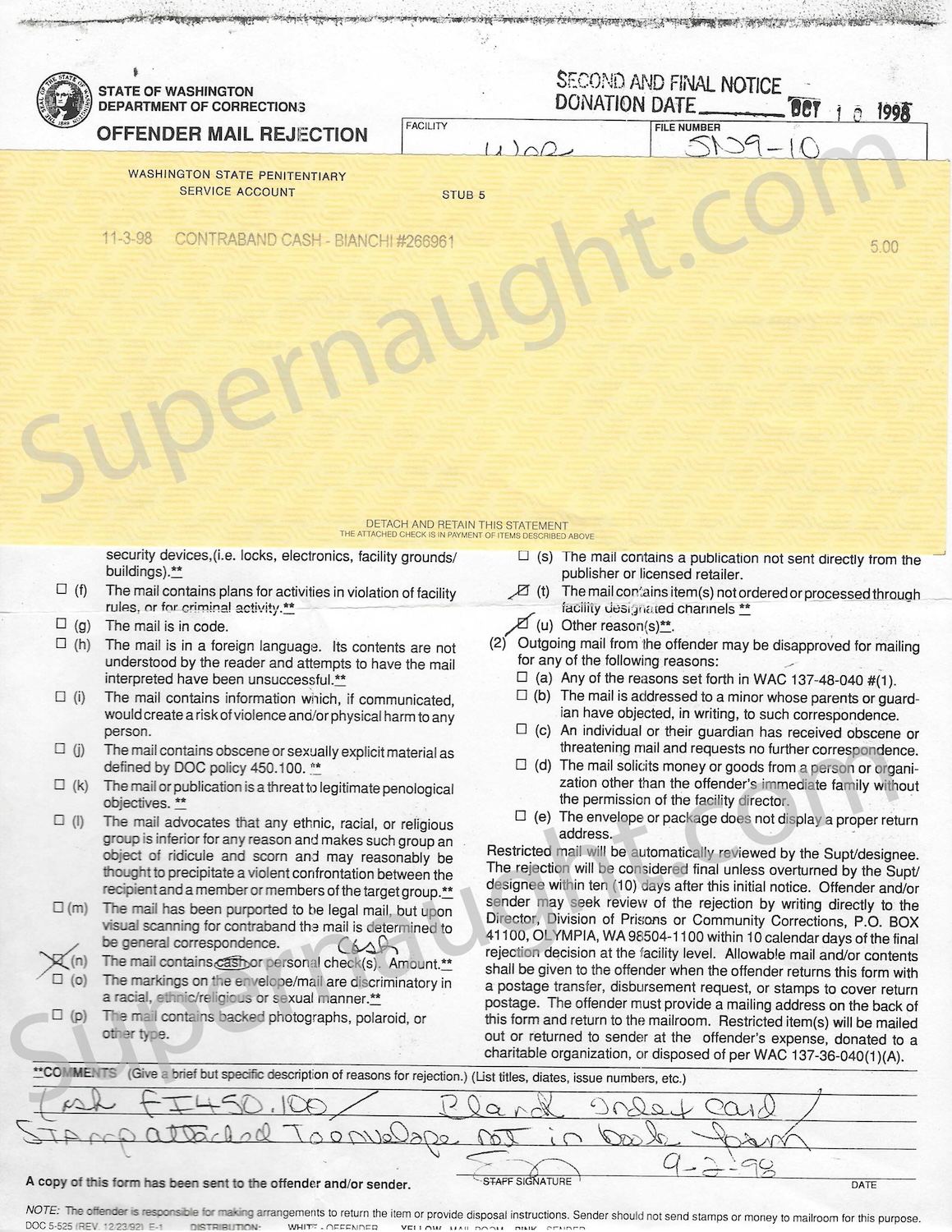Kenneth Bianchi Rejection Contraband and Envelope