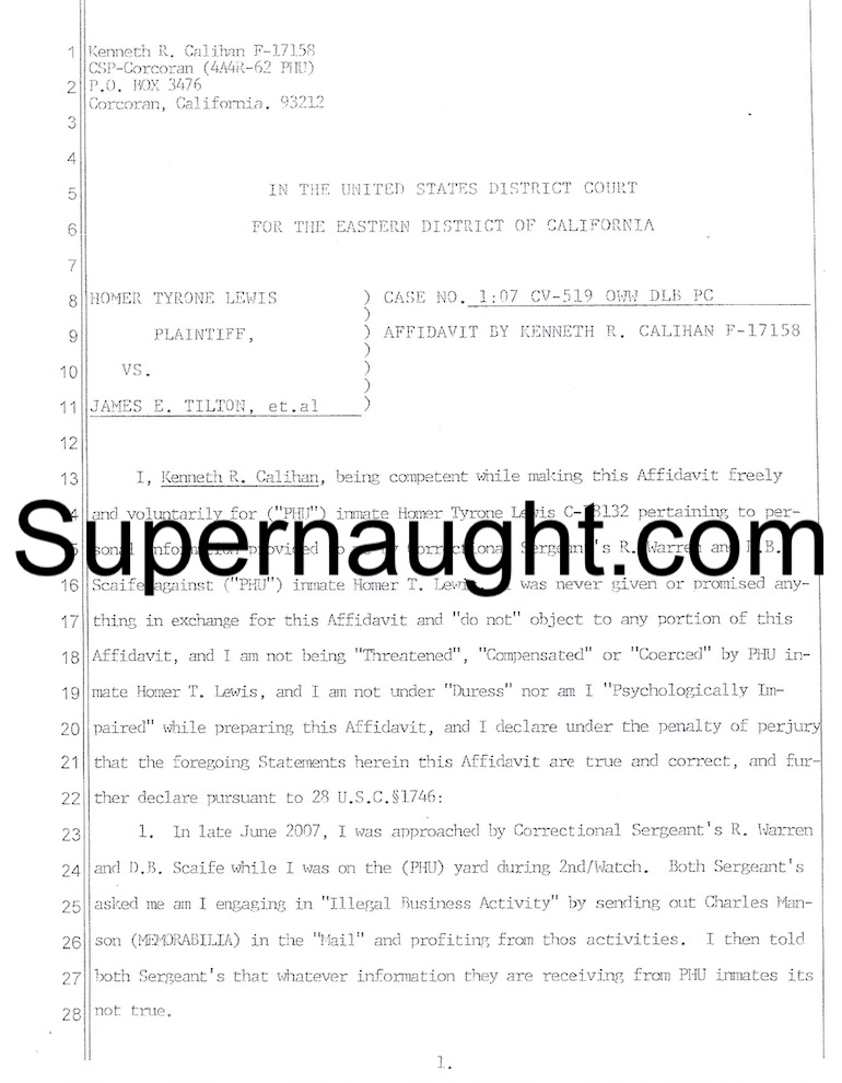 Kenneth Calihan Affidavit Homer Lewis v. James Tilton