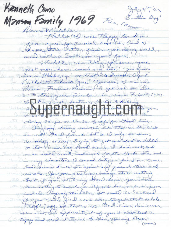 Kenneth Como Letter Signed Charles Manson Family
