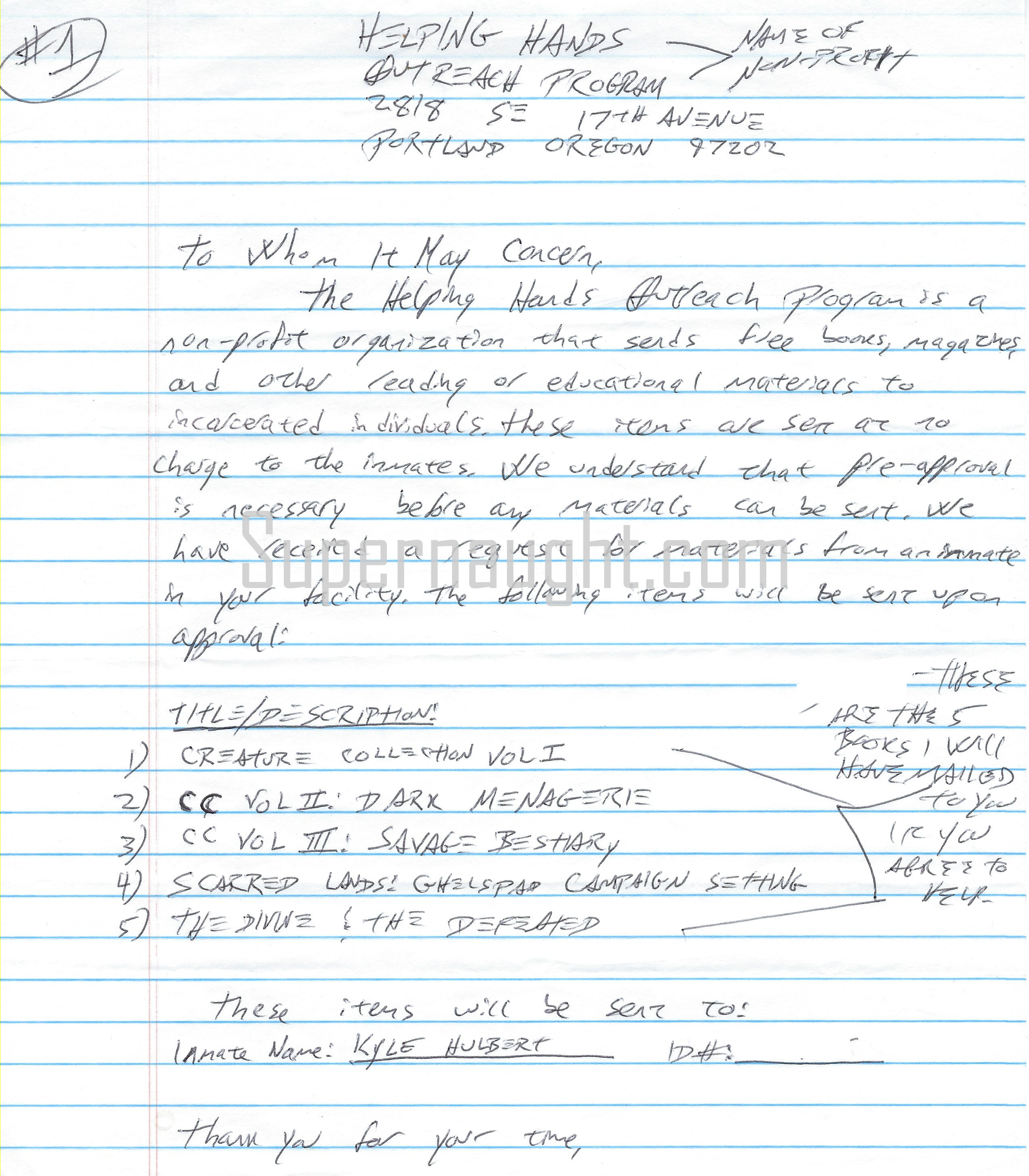 Kyle Hulbert Signed Request Letter