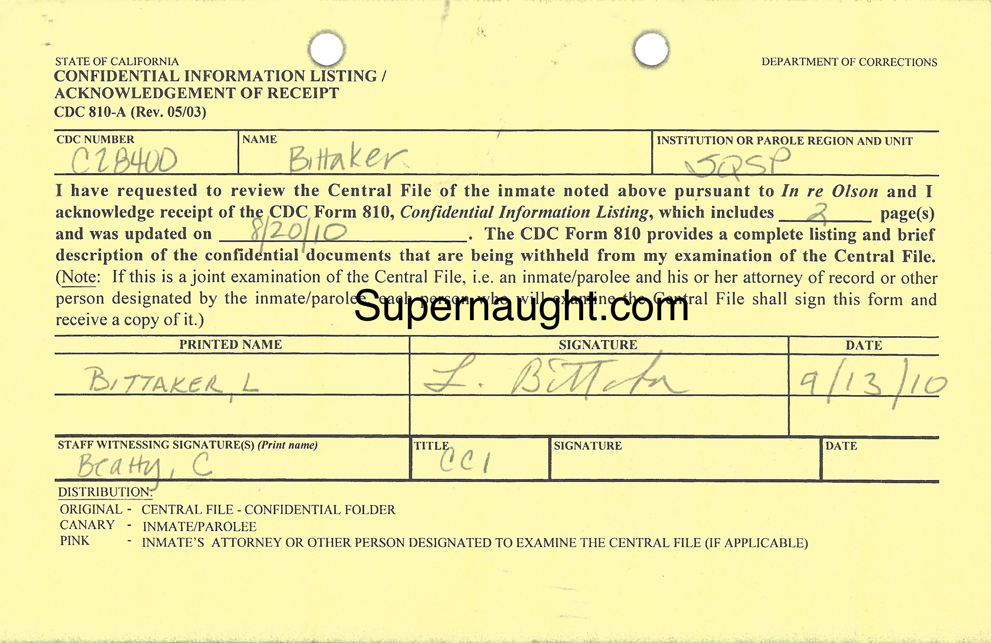 Lawrence Bittaker Confidential Information Listing Carbon Signed