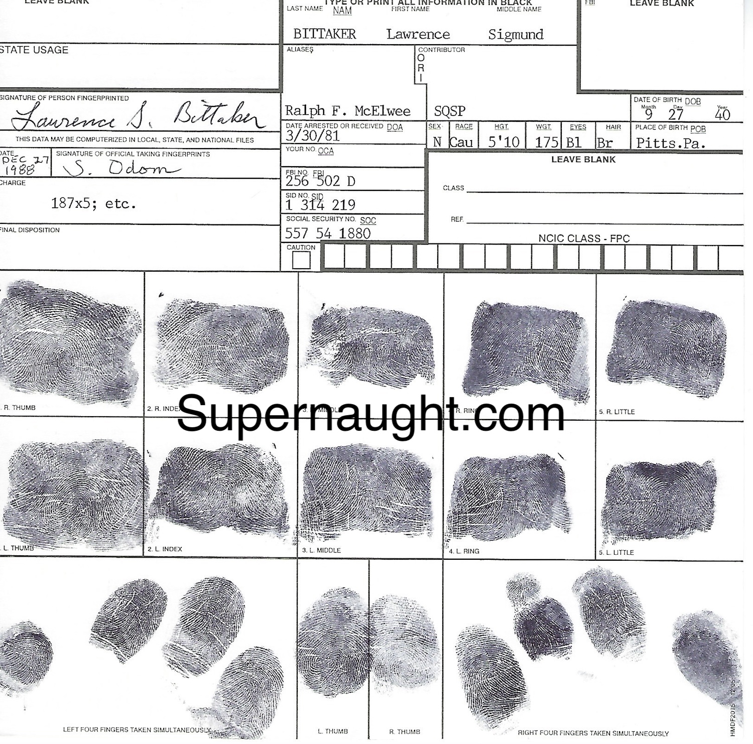 Lawrence Bittaker Fingerprint Chart Signed