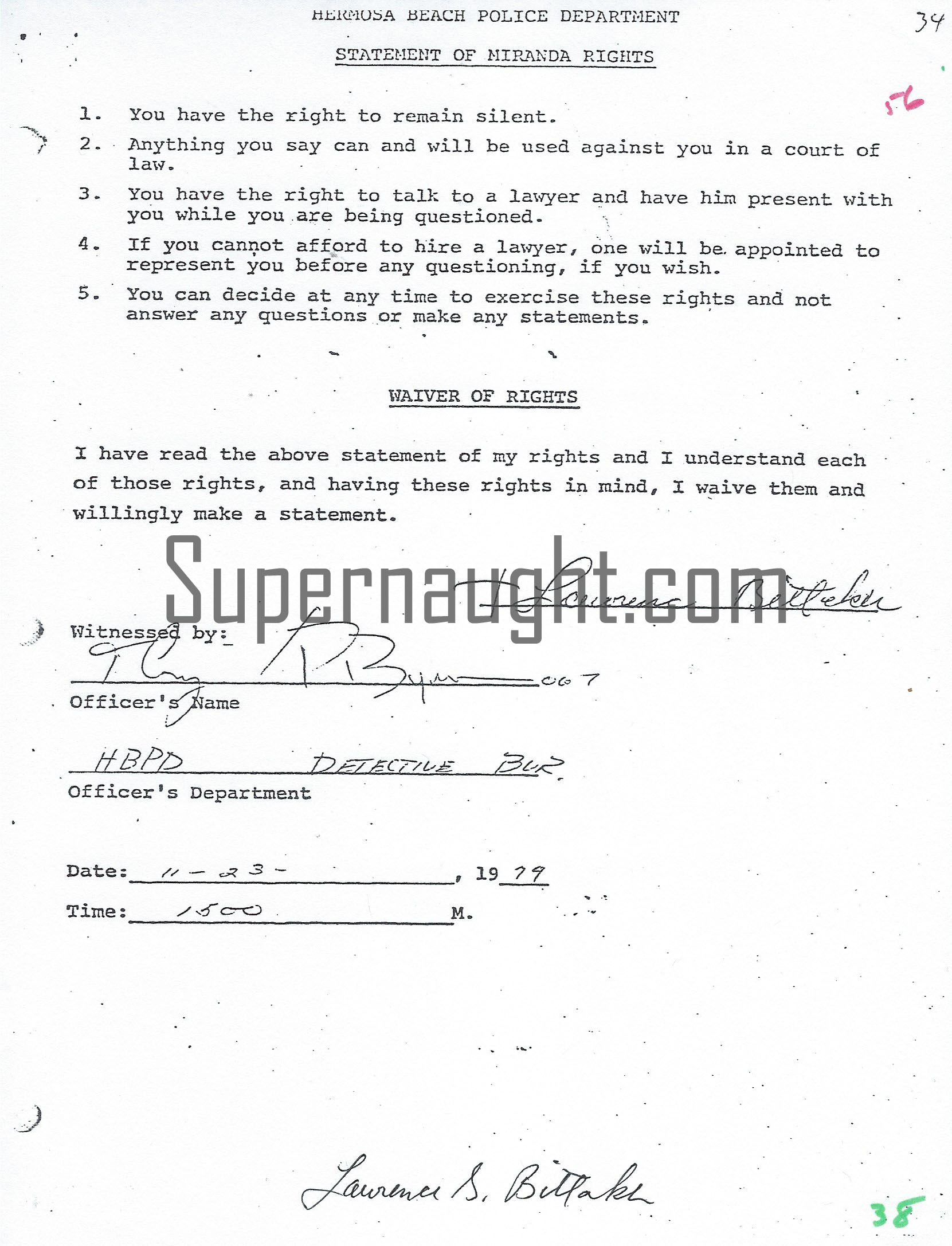 Lawrence Bittaker HBPD Statement Of Rights Signed