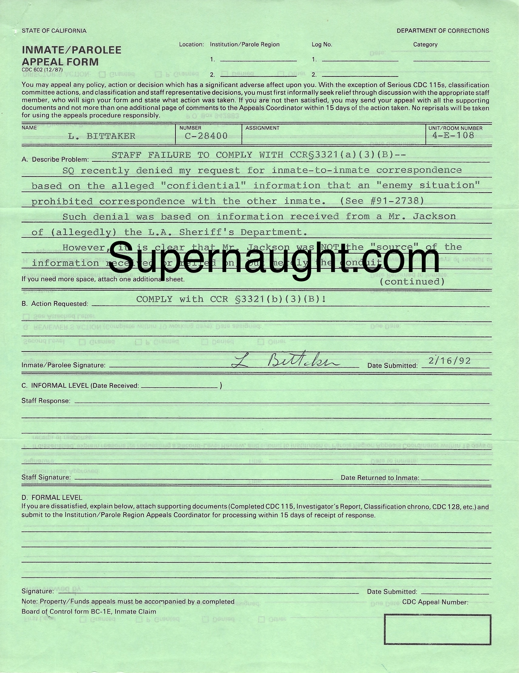 Lawrence Bittaker Inmate Appeal 602 Inmate Correspondence