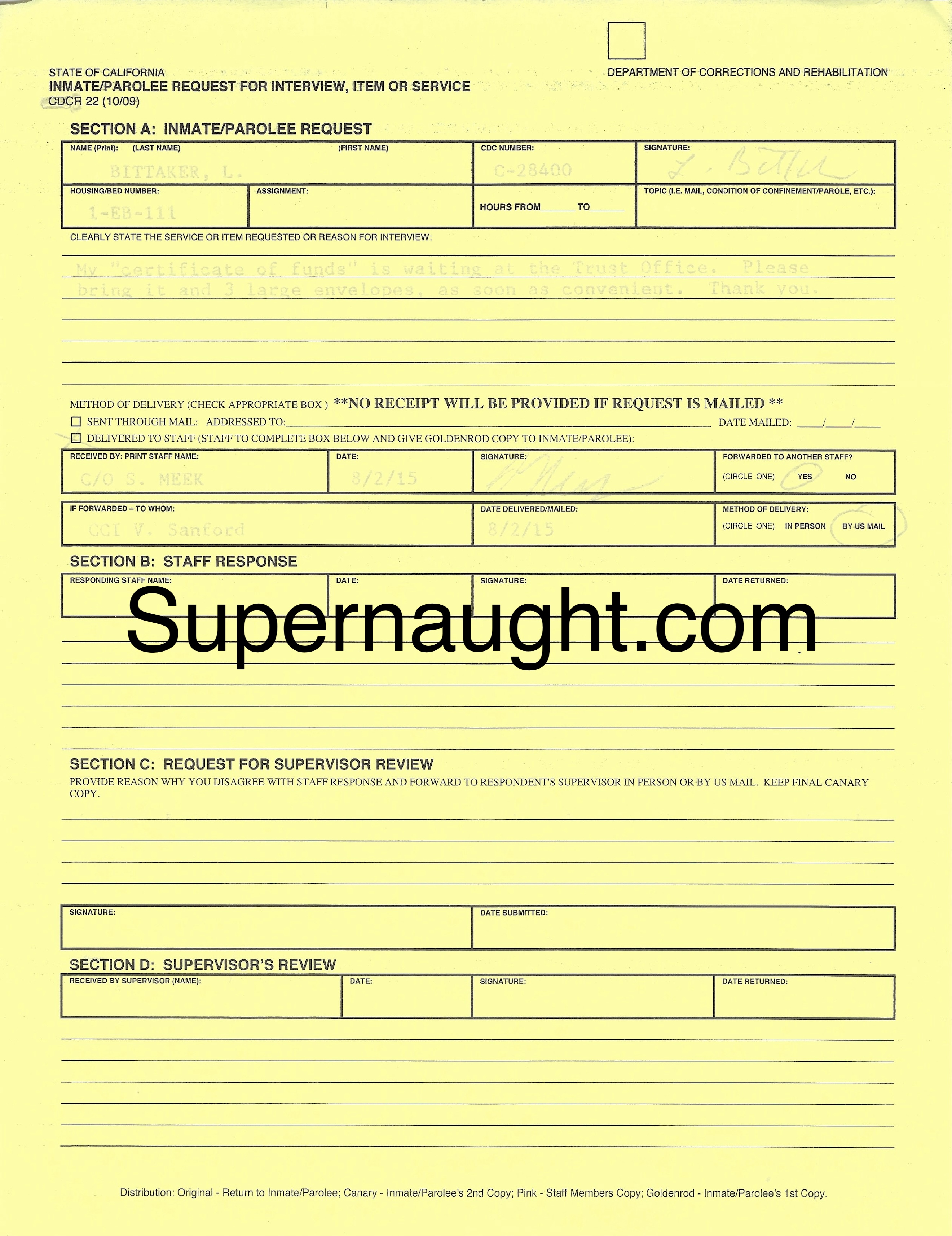 Lawrence Bittaker Inmate Request August 2015