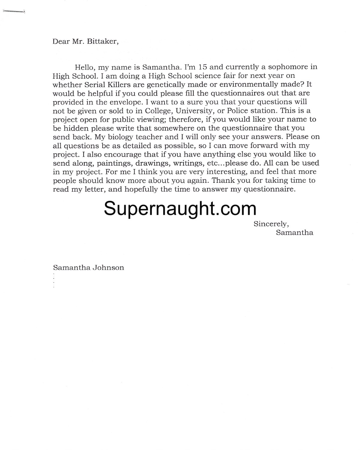 Lawrence Bittaker Letter to Larry With Questions