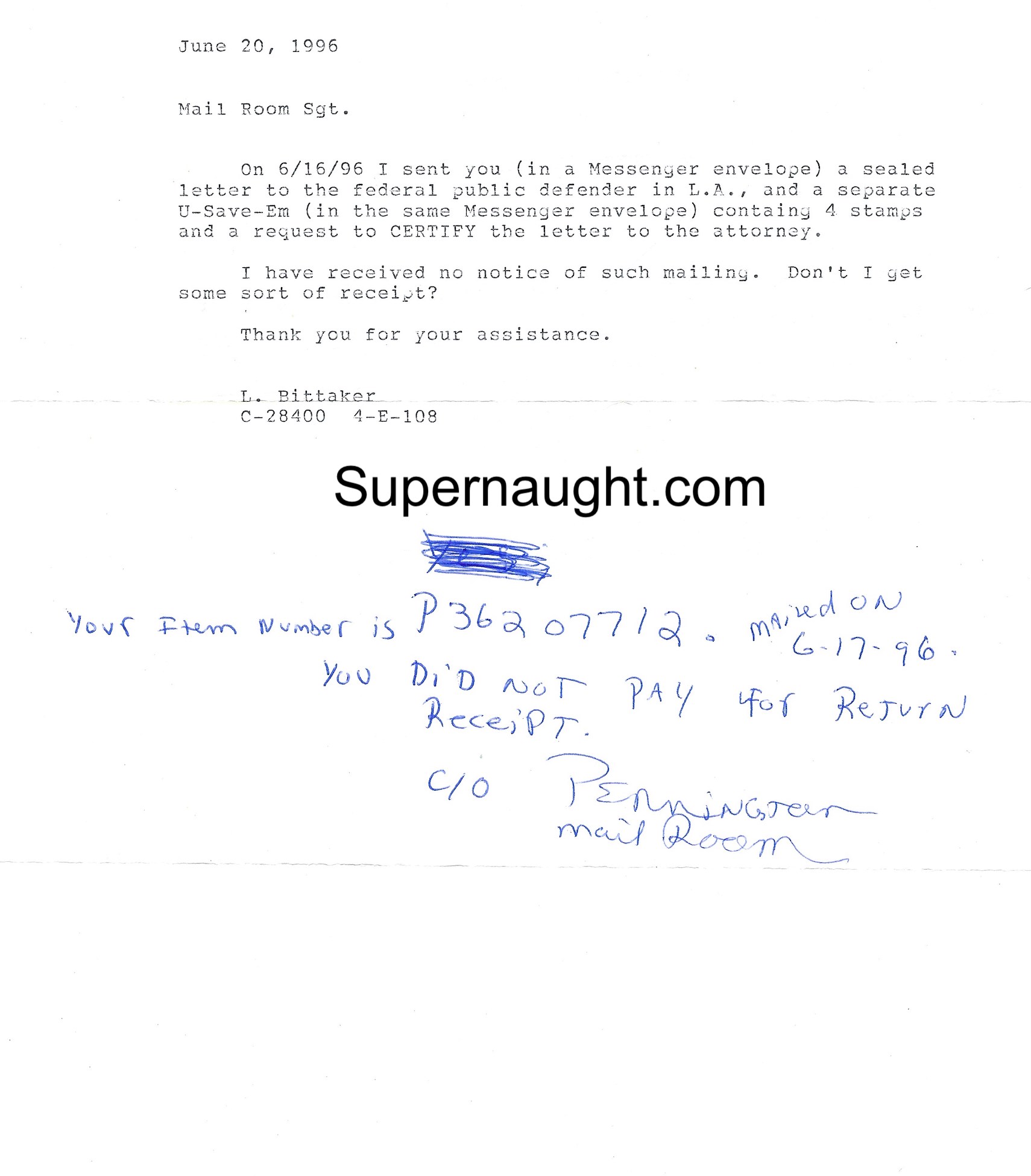Lawrence Bittaker Mailroom Kite With Written Reply