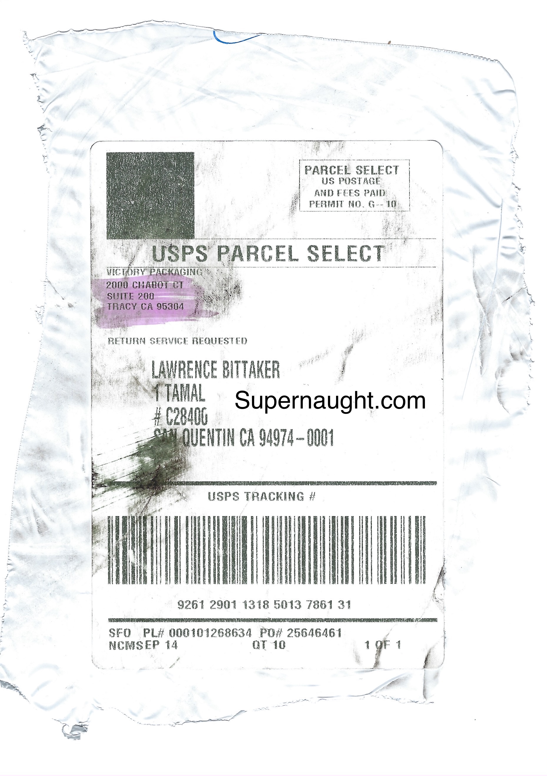 Lawrence Bittaker Shipping Label to Larry on San Quentin Death Row
