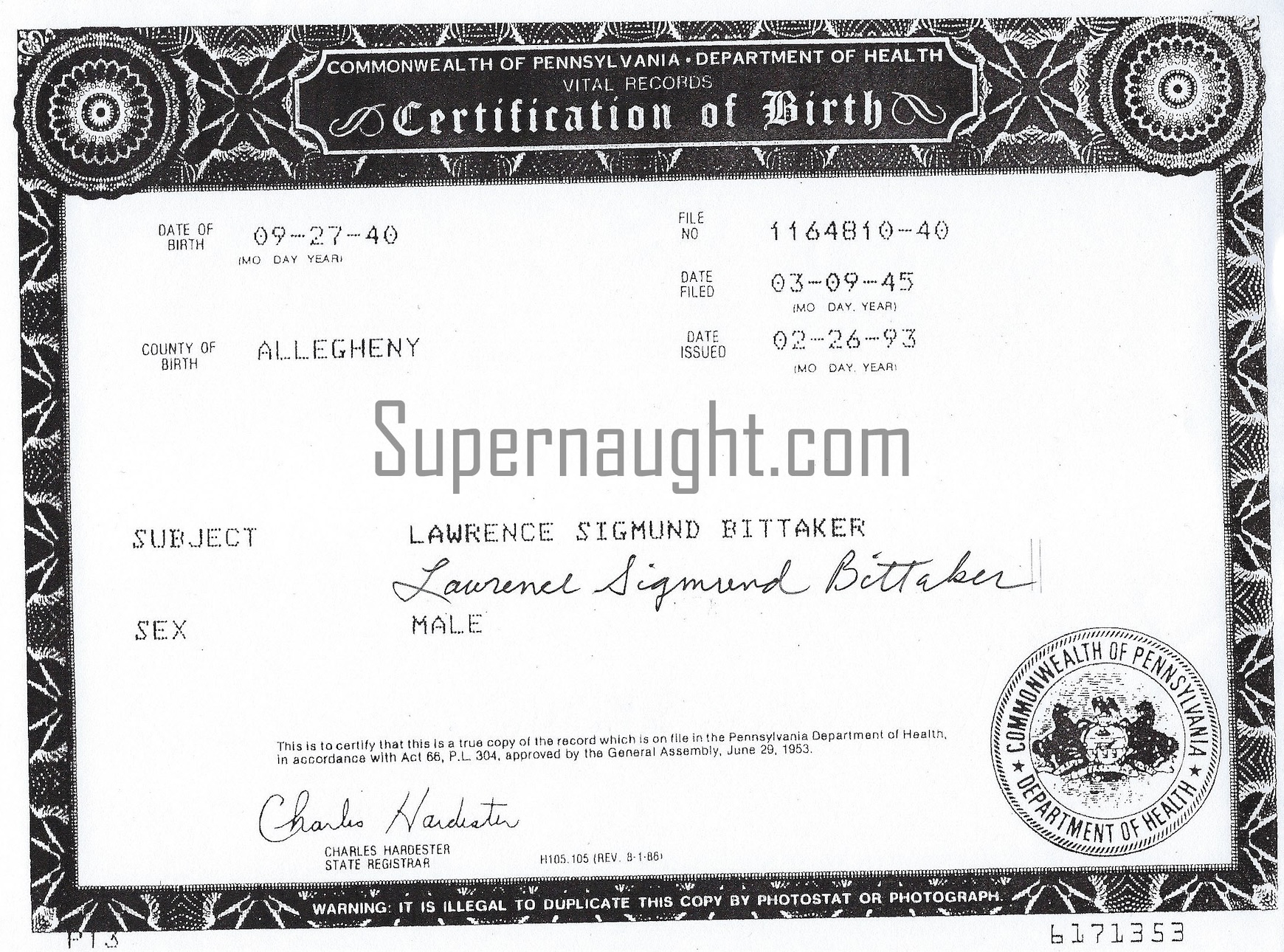 Lawrence Bittaker Signed Birth Certificate