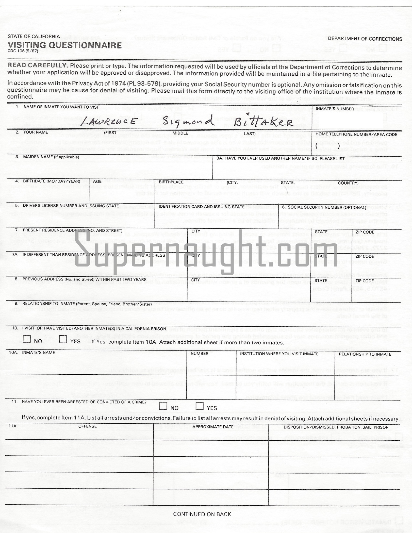 Lawrence Bittaker Signed Death Row Visiting Form