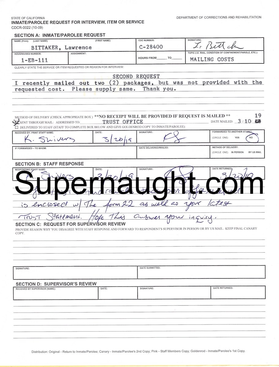 Lawrence Bittaker Signed Inmate Request