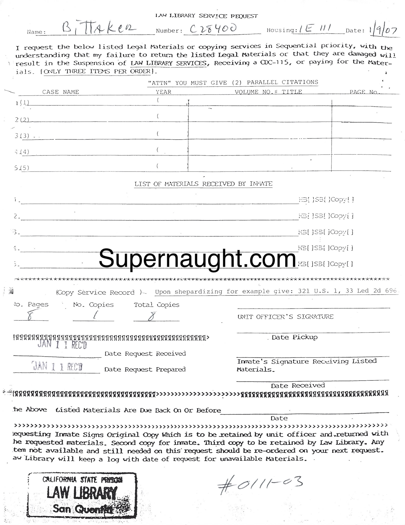 Lawrence Bittaker Signed Law Library Request