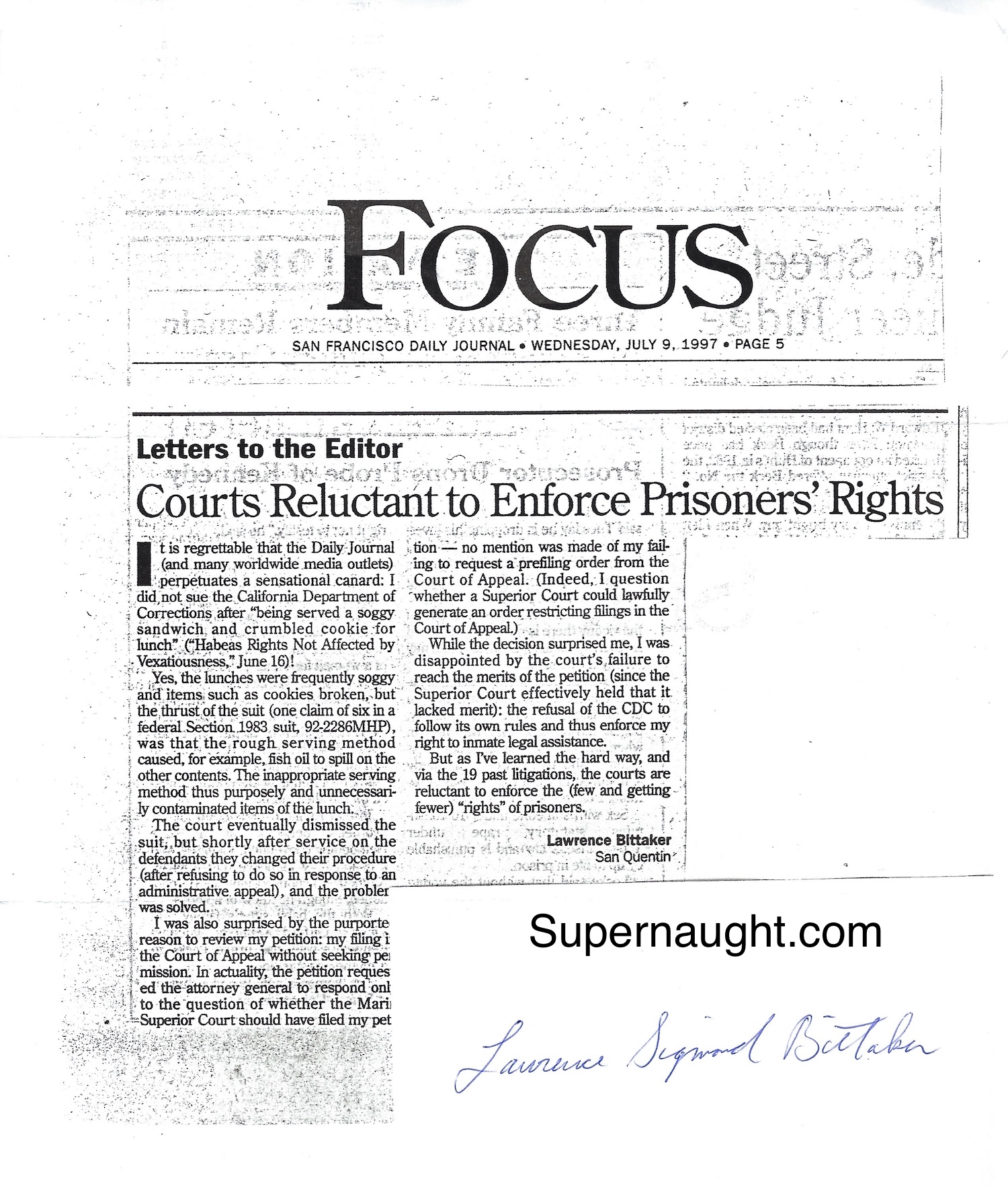 Lawrence Bittaker Signed Letter to the Editor
