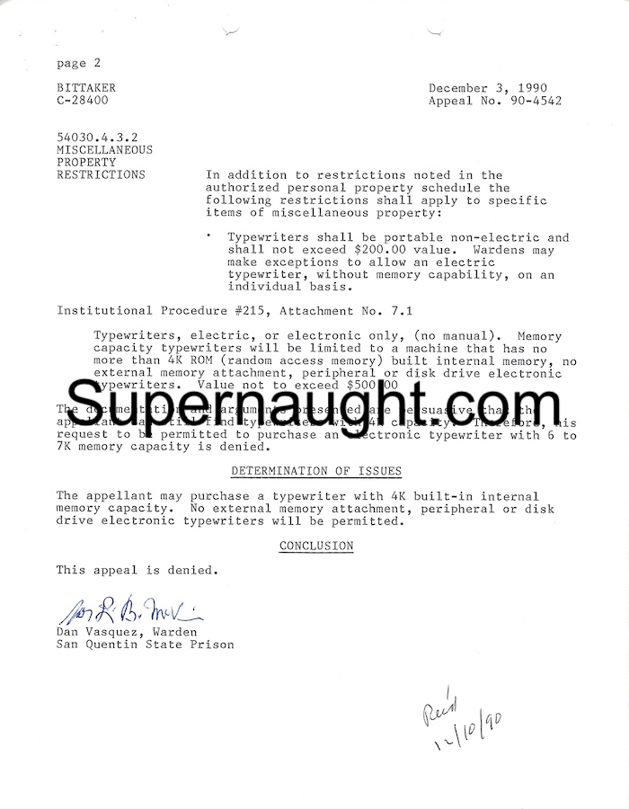 Lawrence Bittaker Typewriter Appeal Signed by Warden image 4