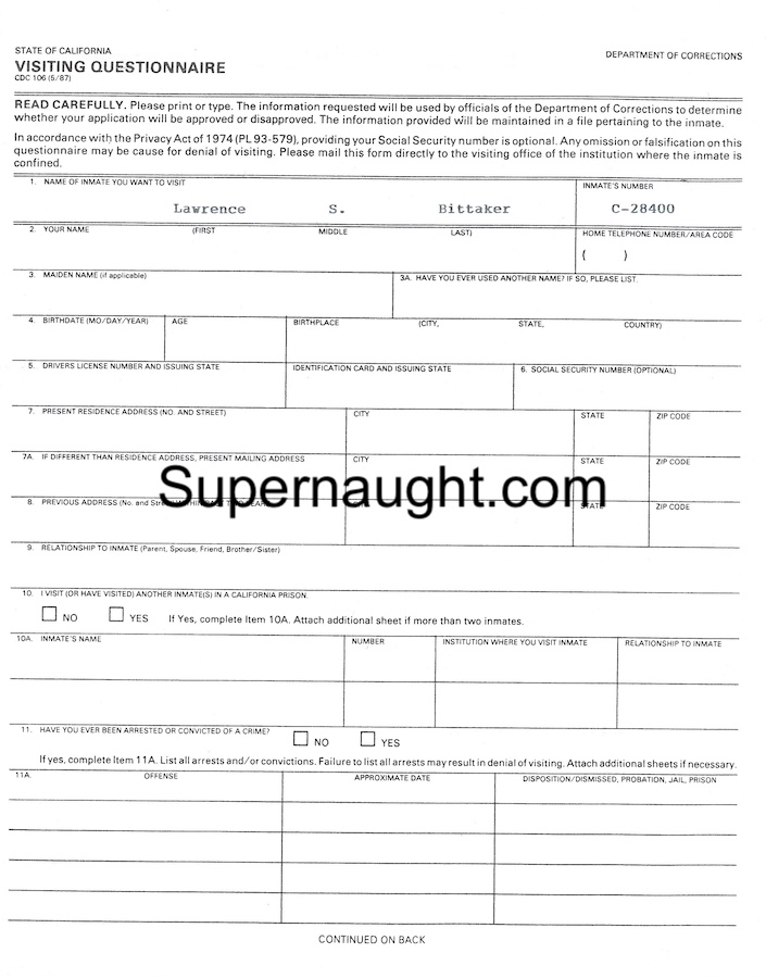 Lawrence Bittaker Visiting Application