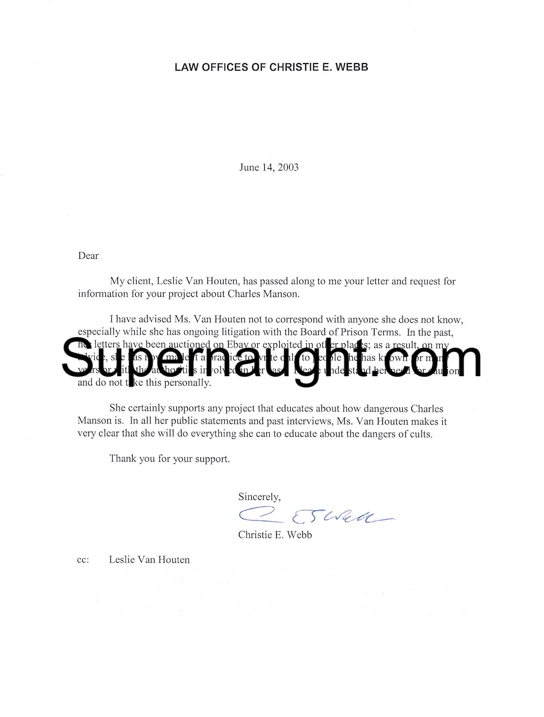 Leslie Van Houten Signed Letter From Her Attorney With Envelope