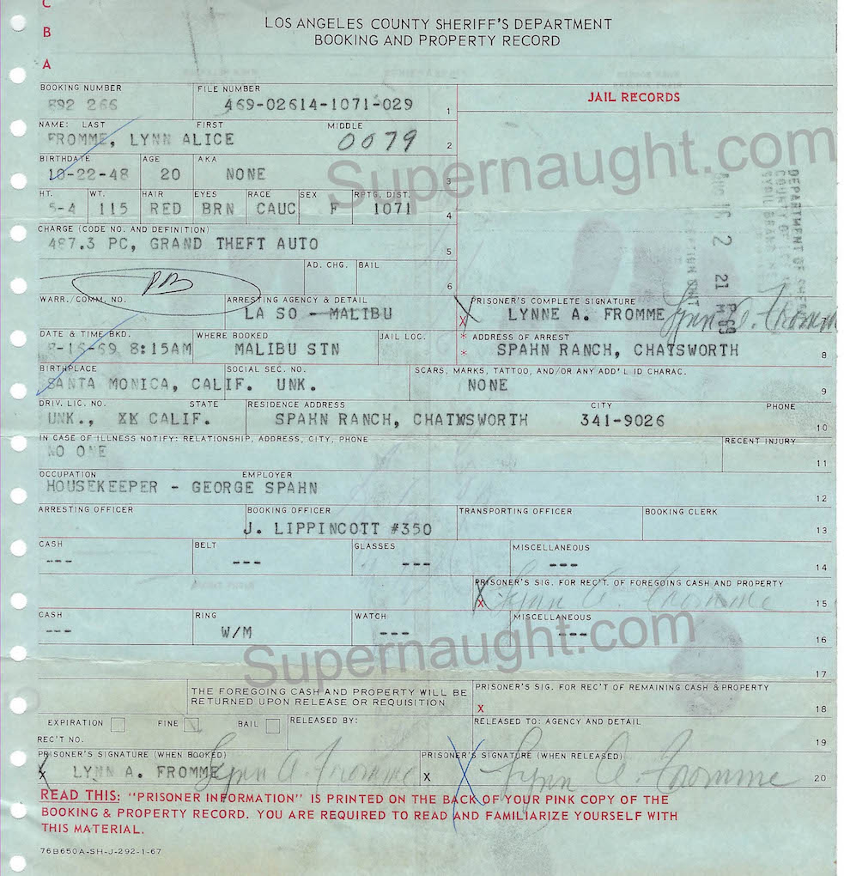 Lynette Fromme 1969 Booking Prints