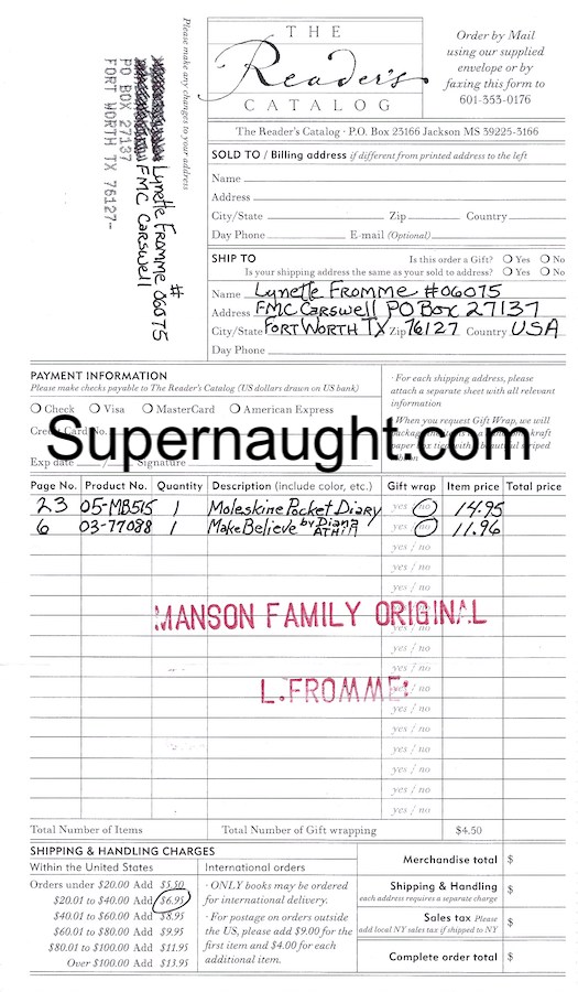 Lynette Fromme Reader's Catalog Order Form Signed Twice