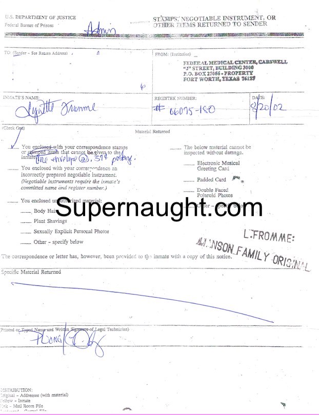 Lynette Fromme Returned Mail Document