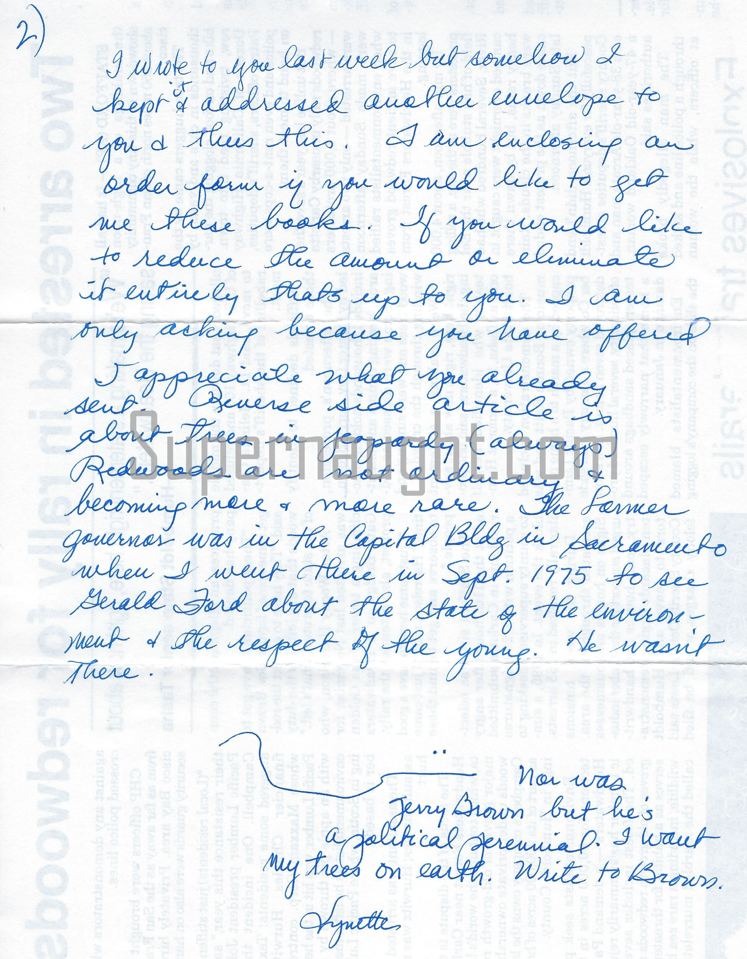 Lynette Fromme Signed Letter With Book Order Form And Envelope Set