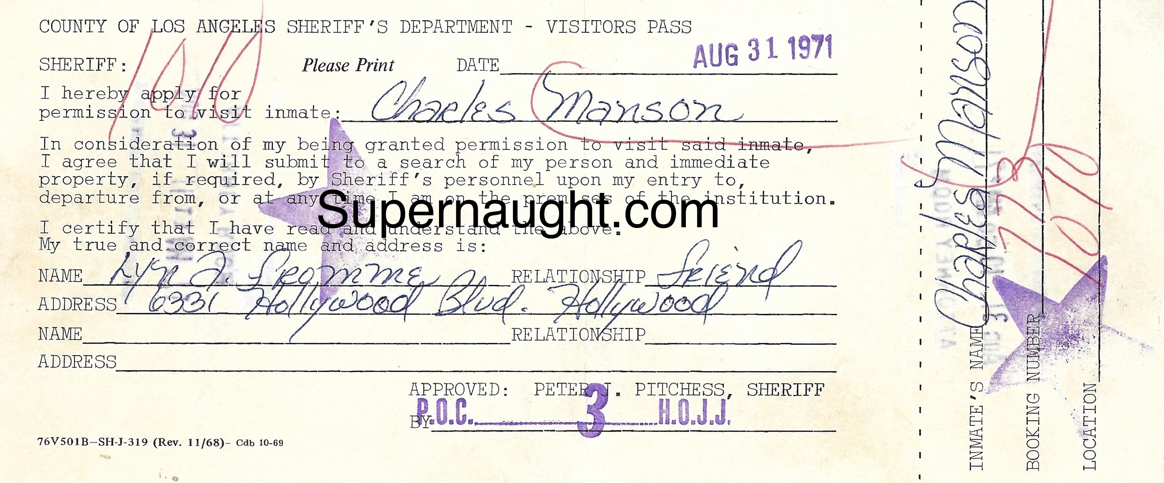 Lynette Fromme Visiting Pass Charles Manson 1971
