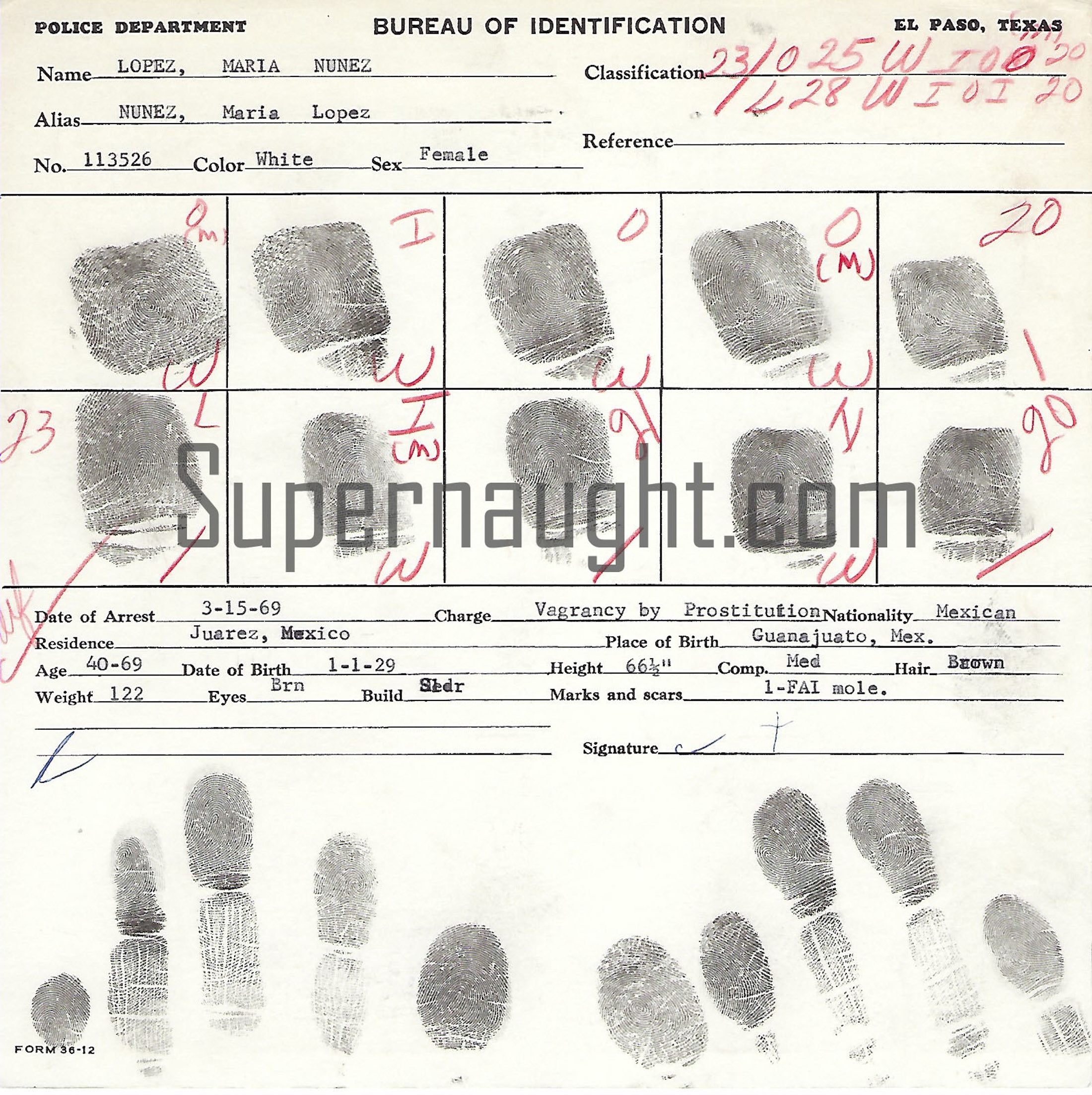 Maria Lopez Authentic 1969 El Paso Police Fingerprint Identification Chart