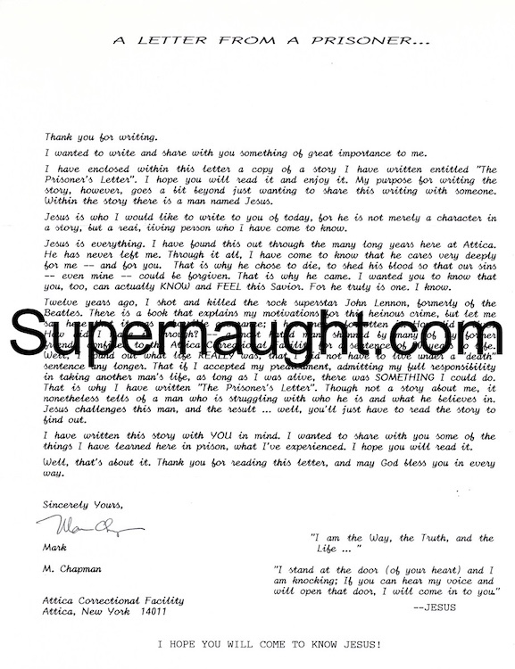 Mark David Chapman Letter and Envelope Both Signed