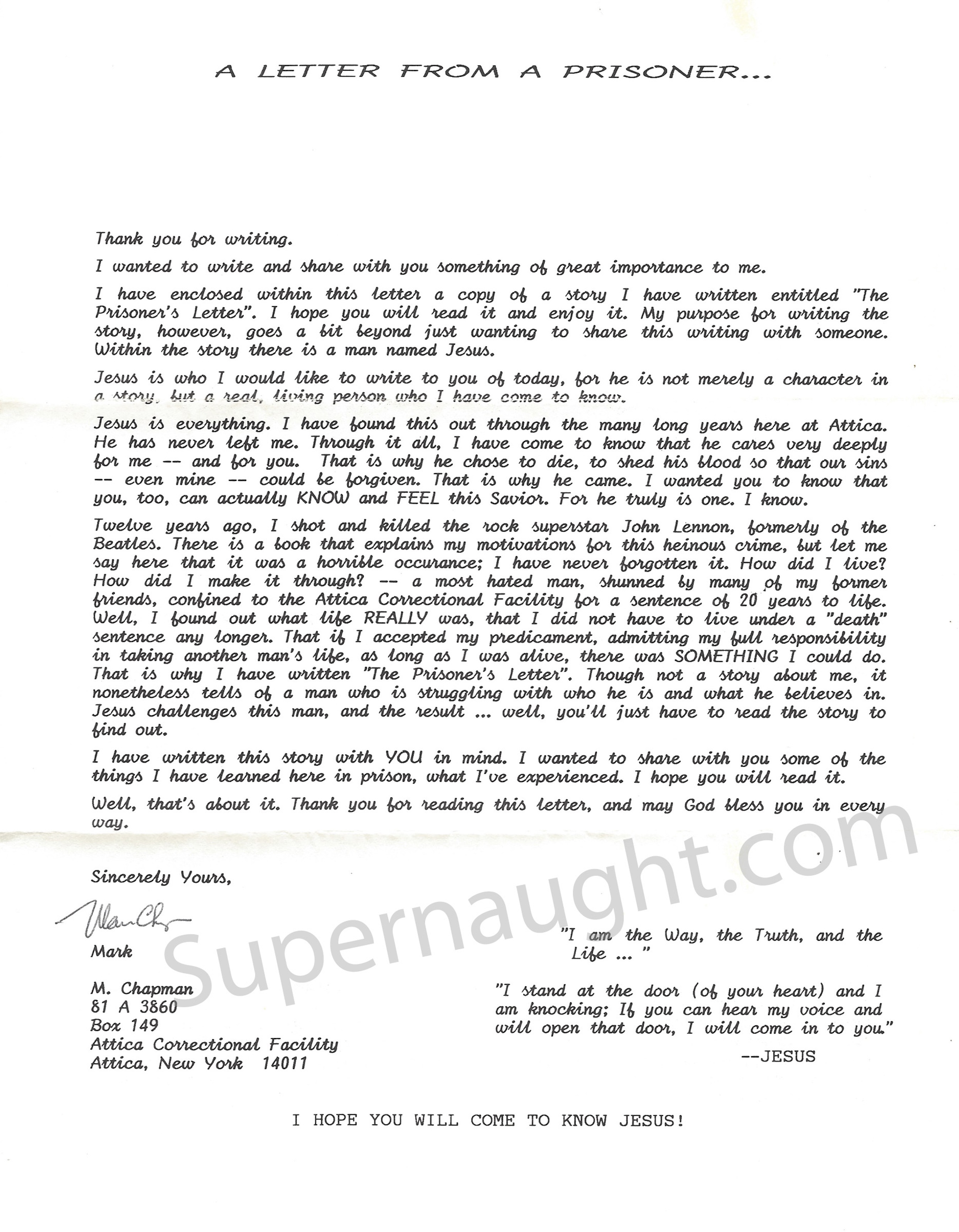 Mark David Chapman Signed Letter