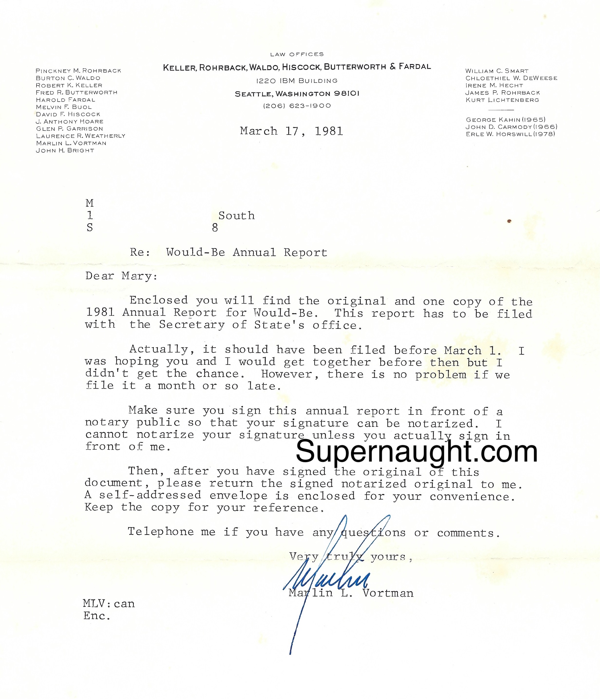 Marlin Vortman Ted Bundy 1981 Attorney Letter Signed