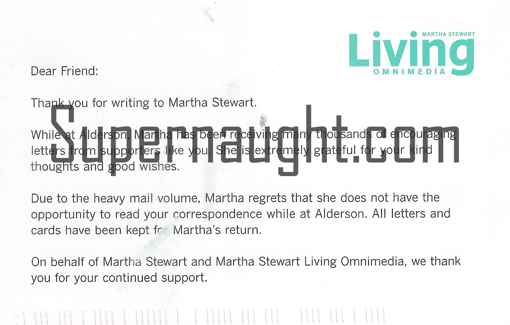 Martha Stewart Postcard Mailed While in Prison