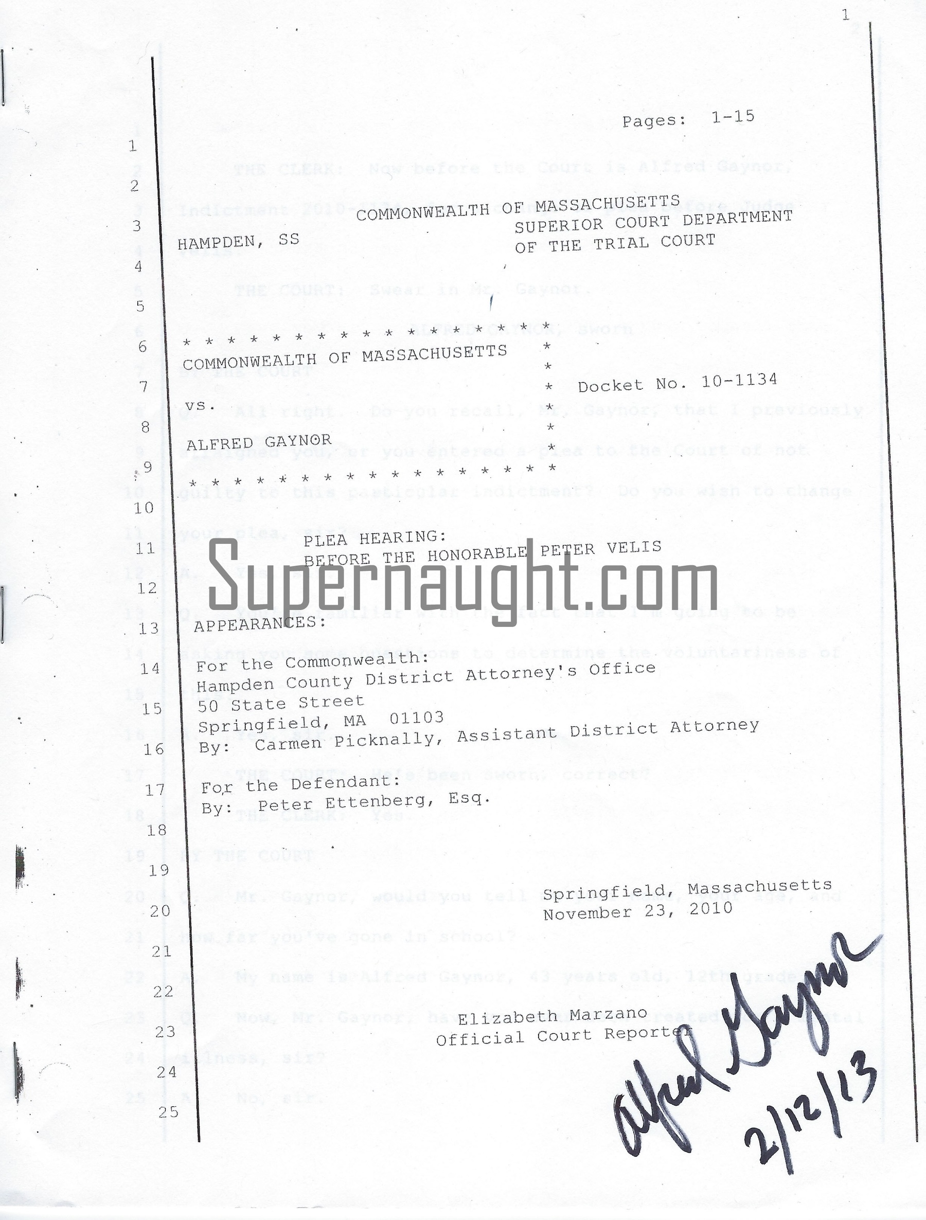 Massachusetts v. Alfred Gaynor Signed