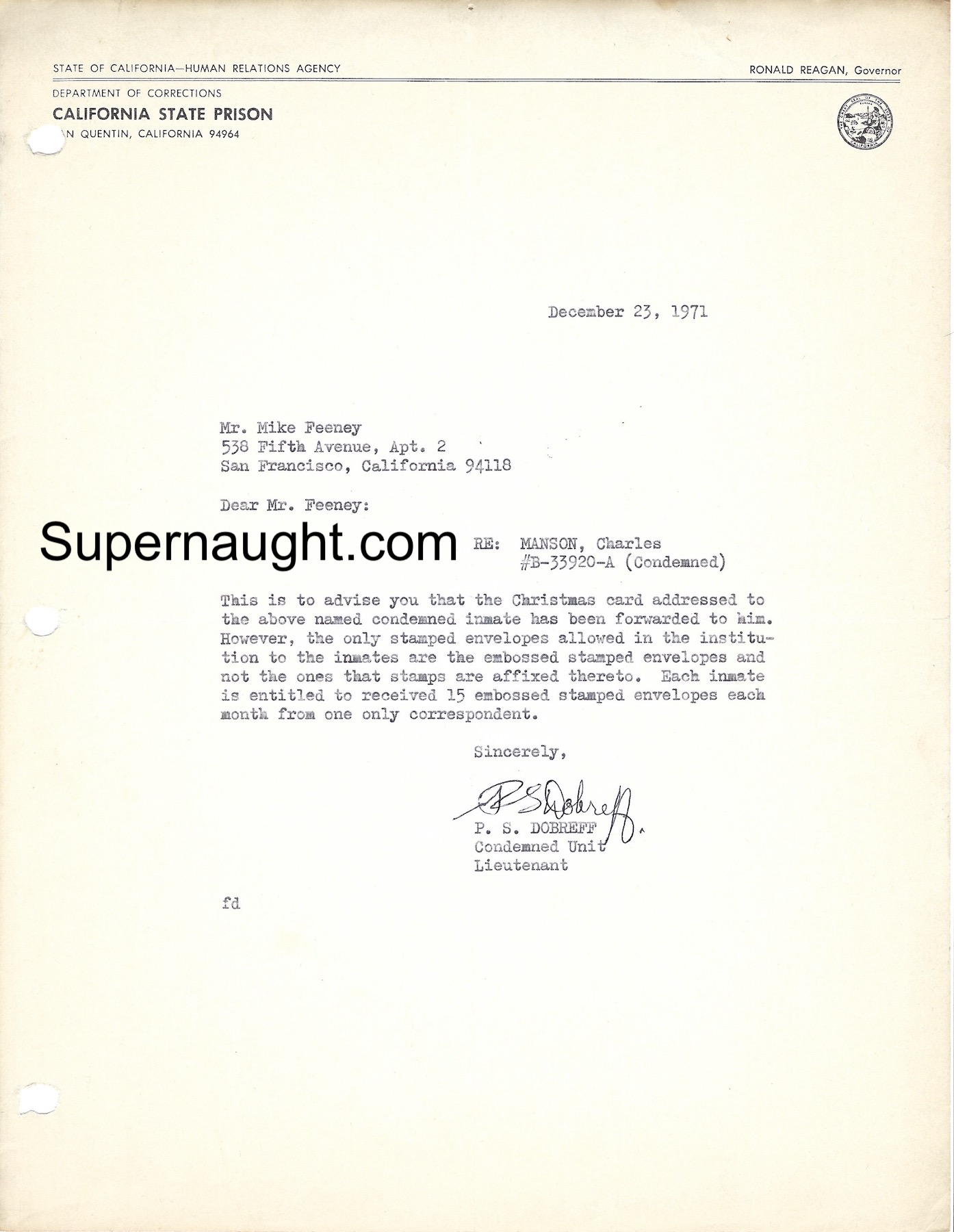Michael Feeney Letter from San Quentin Re: Charles Manson