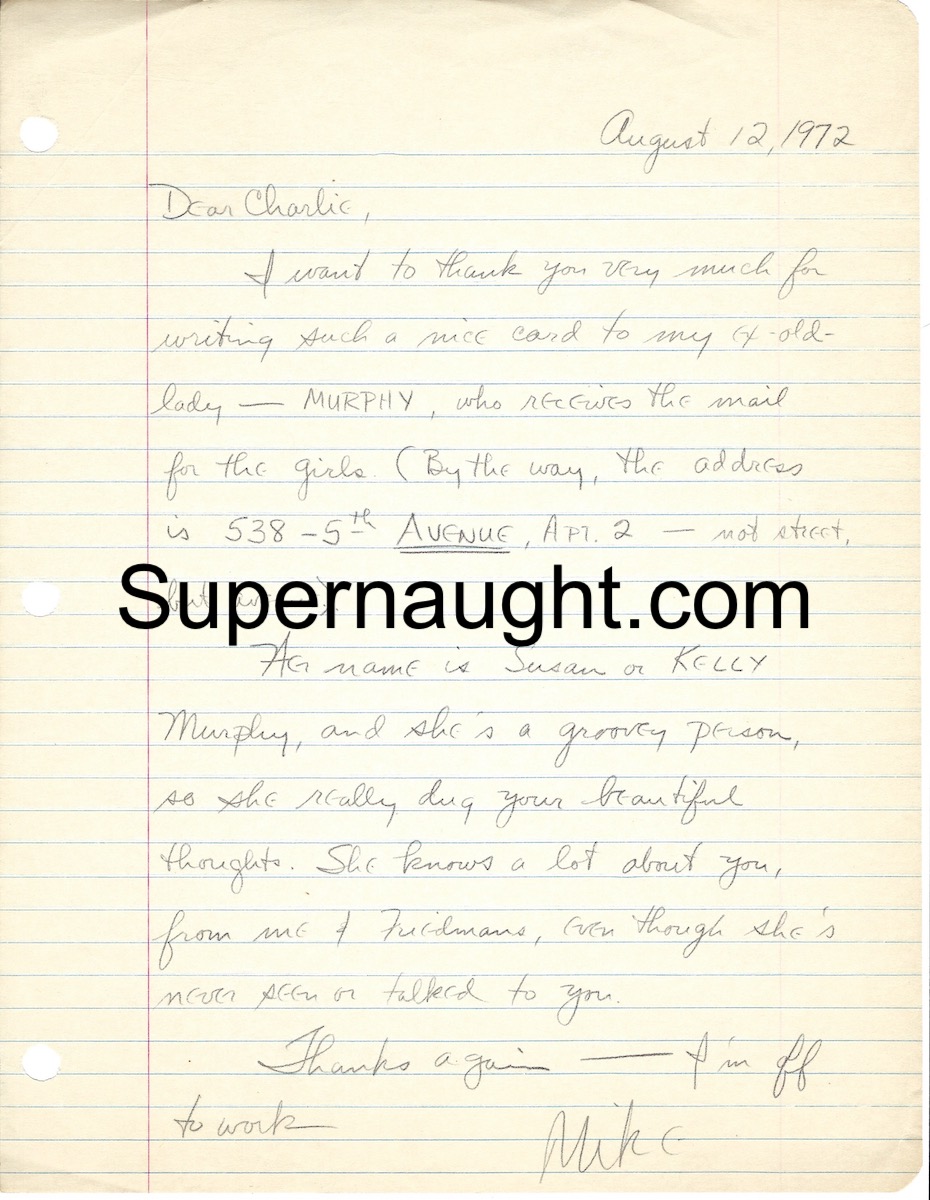 Michael Feeney Letter to Charlie Manson 1972 Death Row