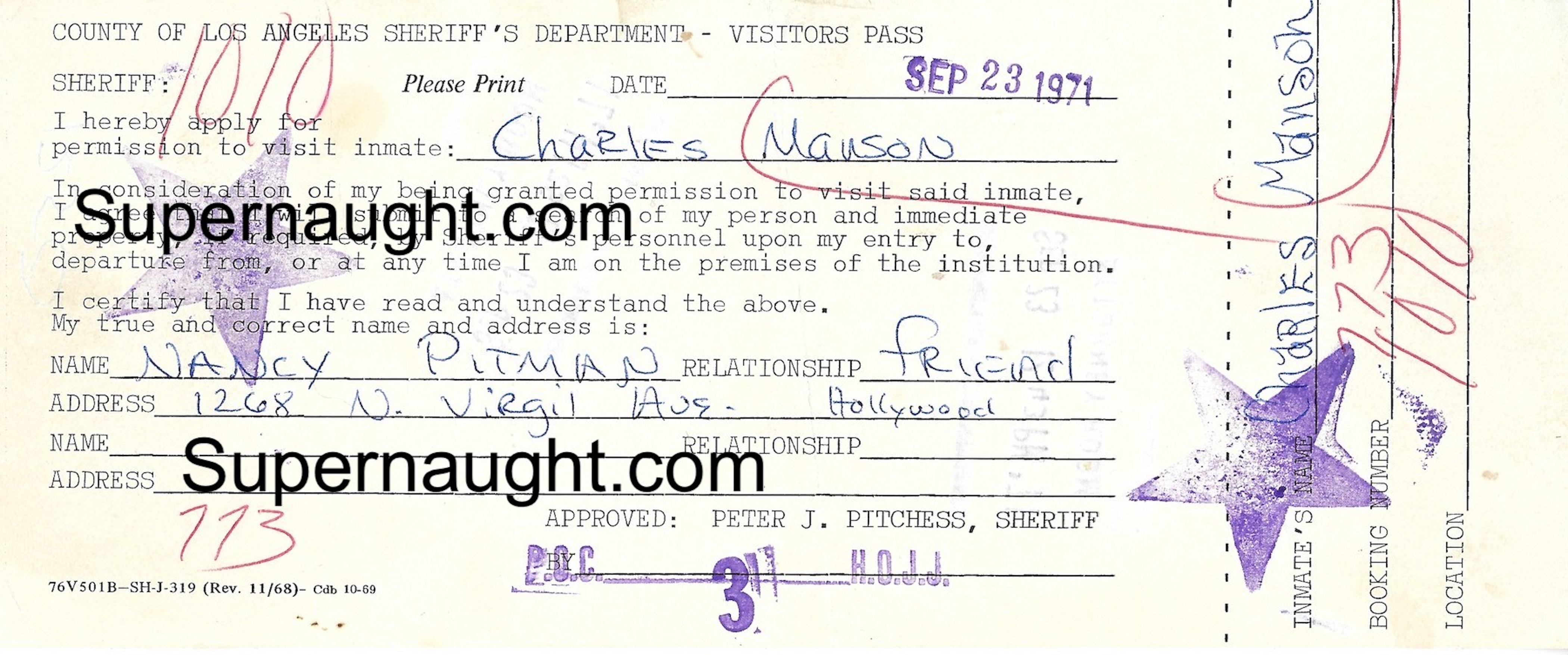 Nancy Pitman 1971 Signed Charles Manson Visiting Pass