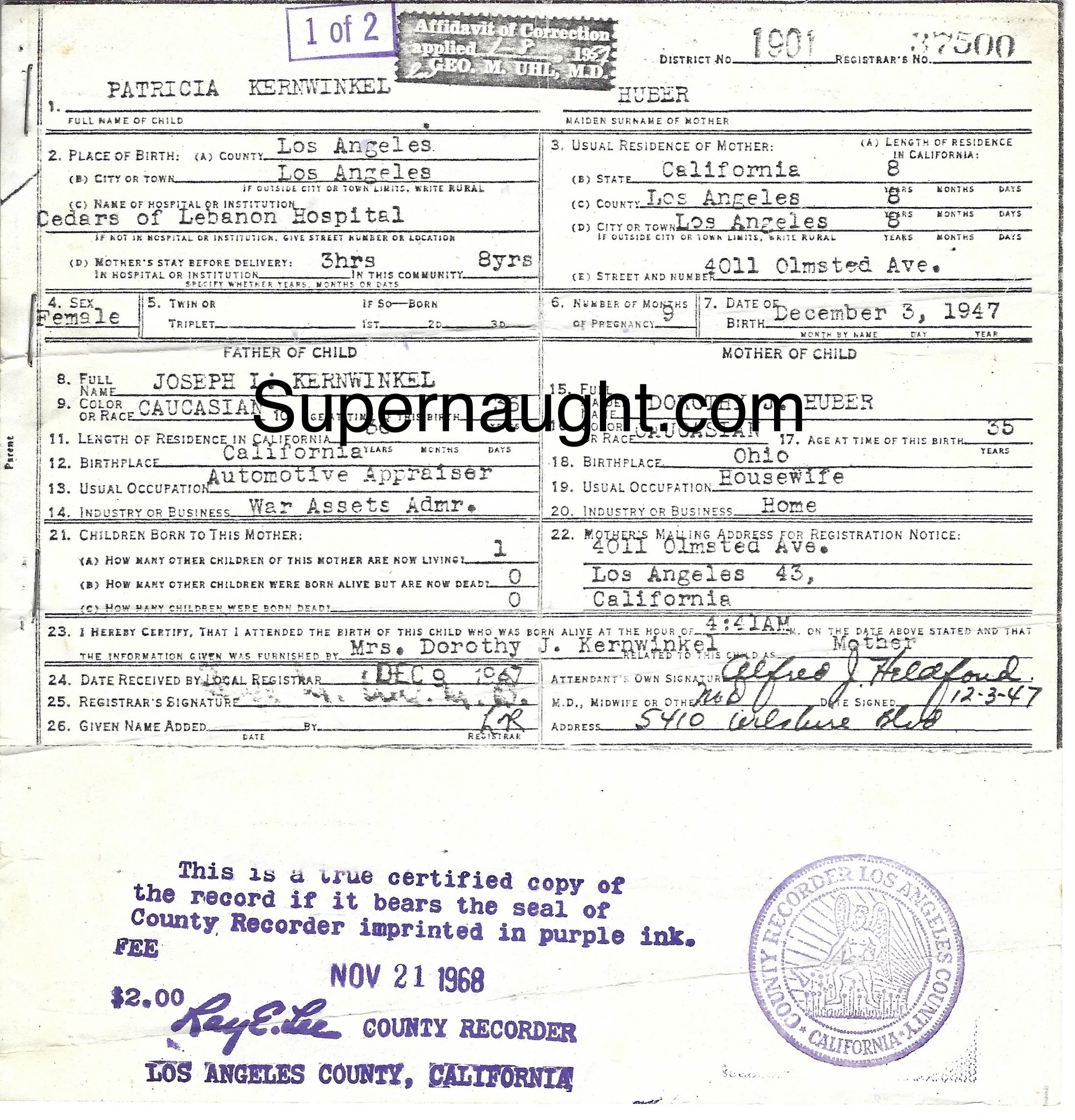 Patricia Krenwinkel Certified Birth Certificate 1968