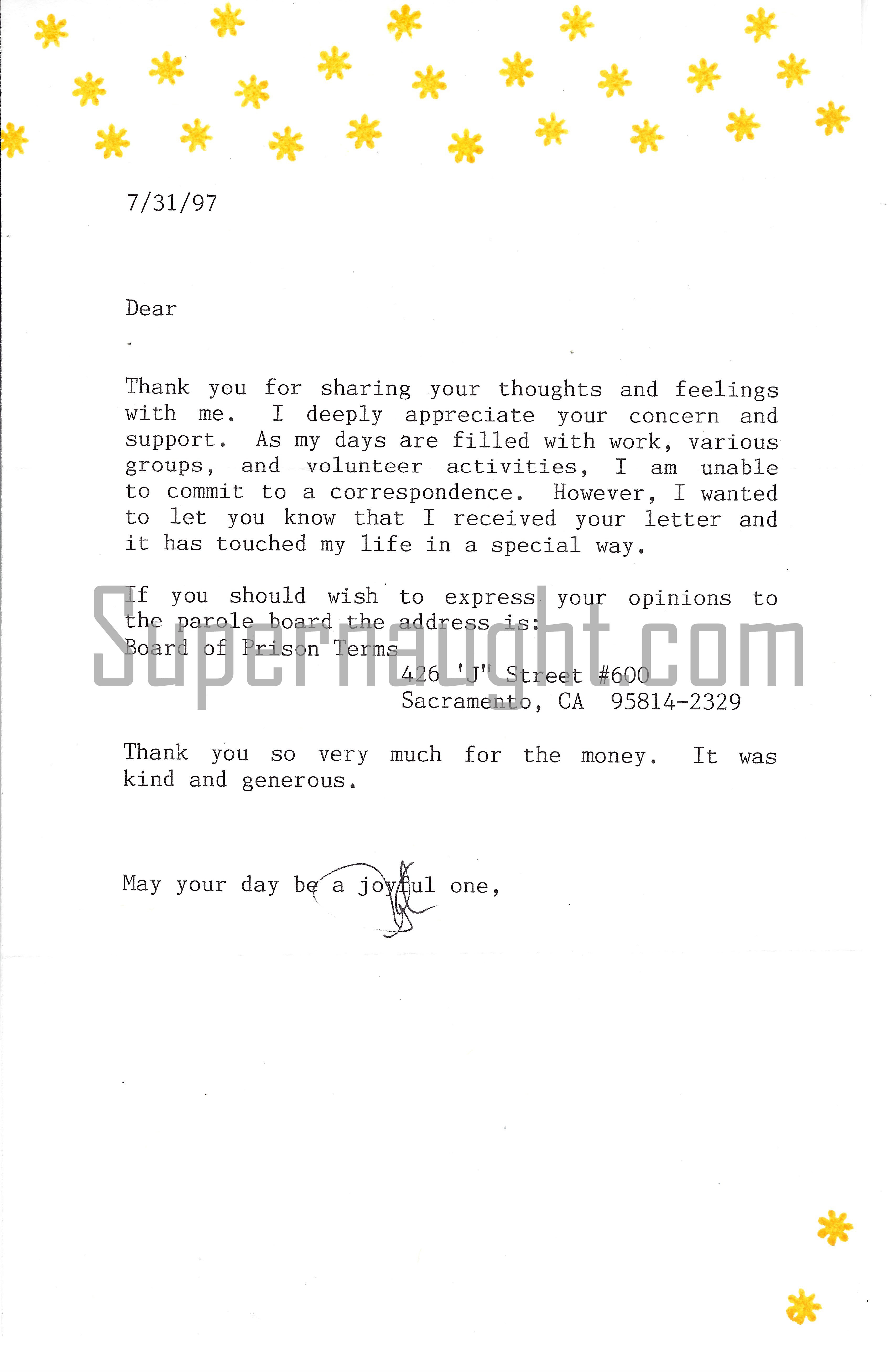 Patricia Krenwinkel Signed Letter With Envelope Set
