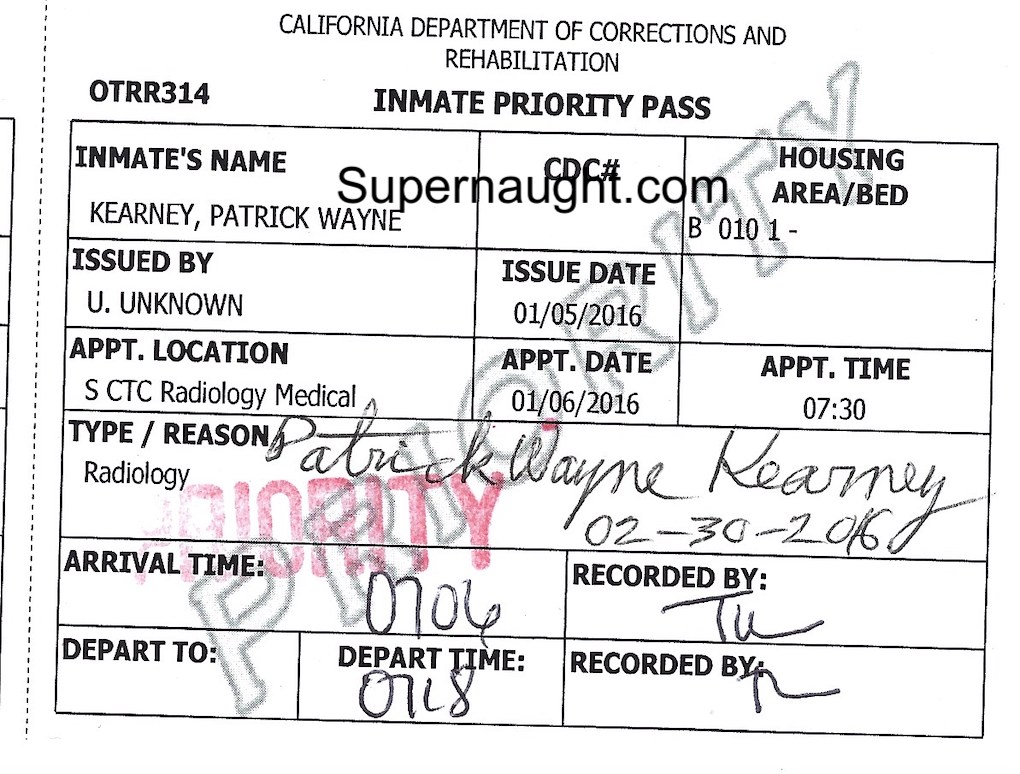 Patrick Kearney Signed Inmate Pass