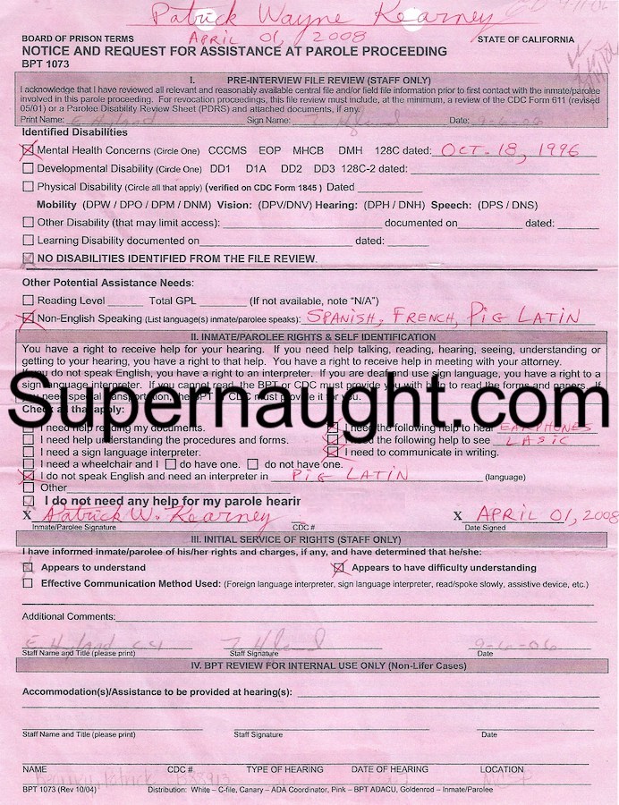 Patrick Kearney Signed Parole Proceeding Paperwork