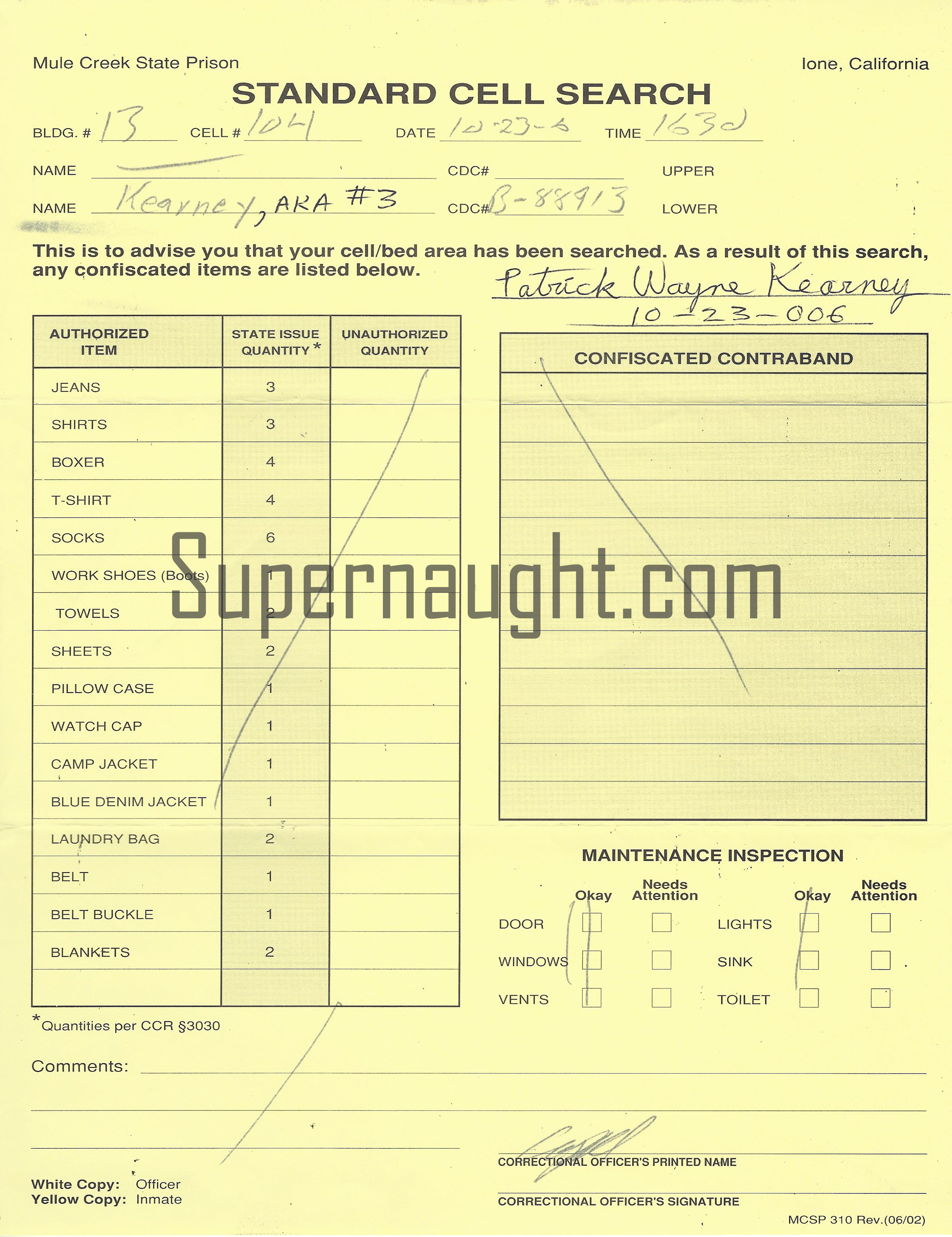 Patrick Wayne Kearney Cell Search Inmate Copy Signed