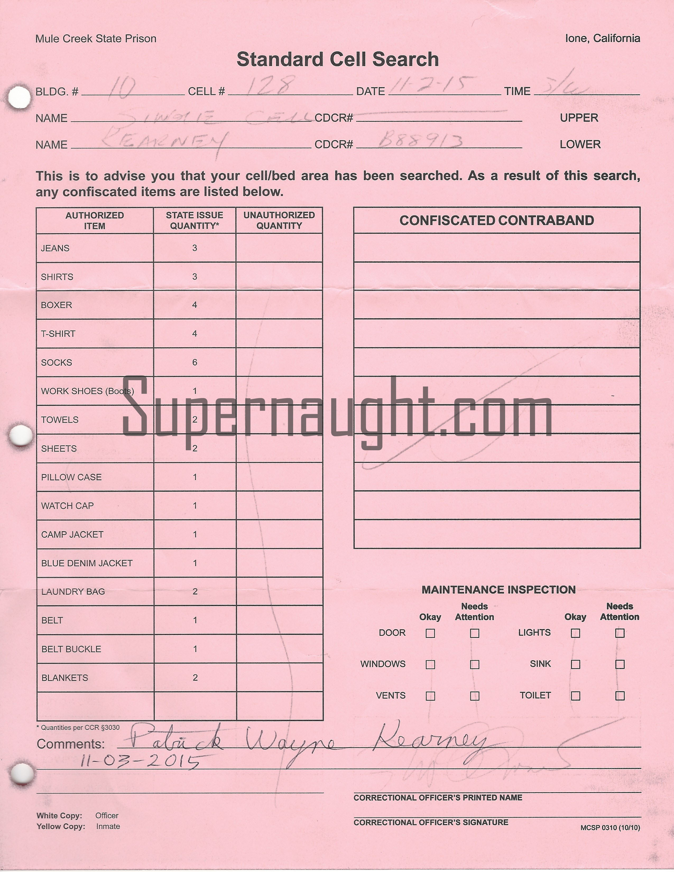 Patrick Wayne Kearney Cell Search Paperwork Signed