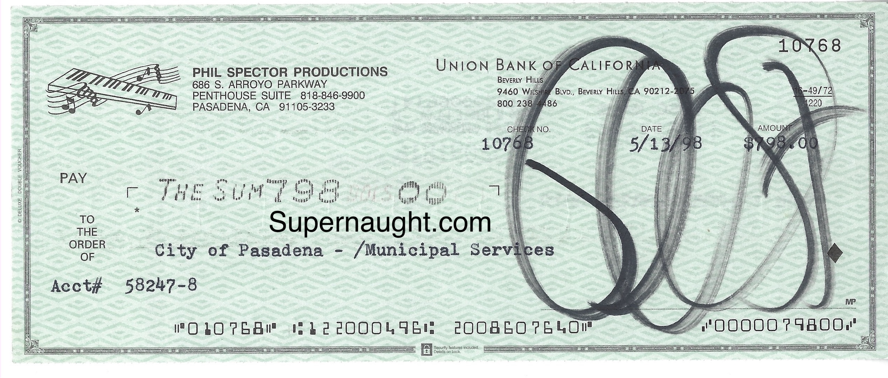 Phil Spector Productions Signed Check