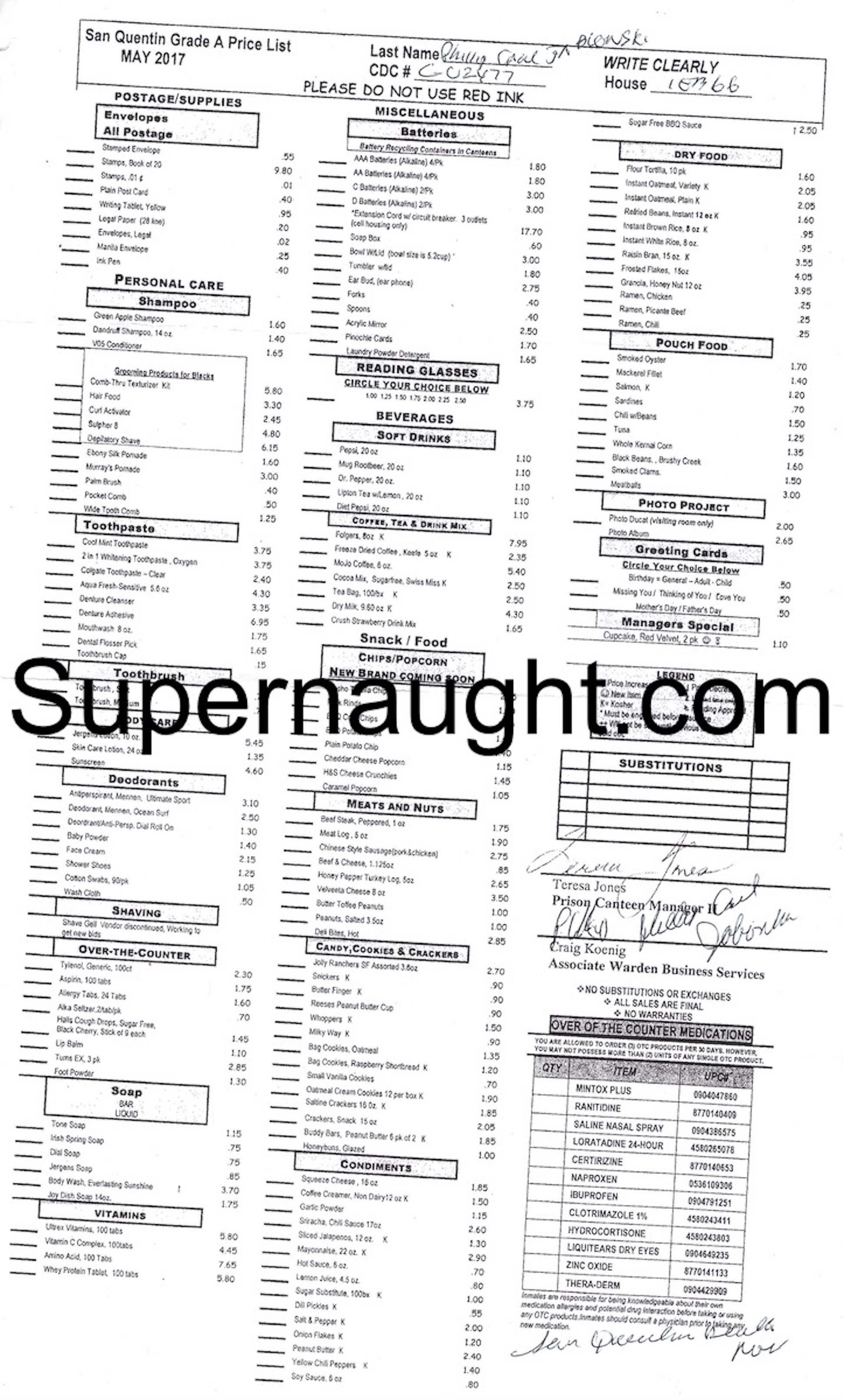 Phillip Jablonski Canteen Order Form Signed